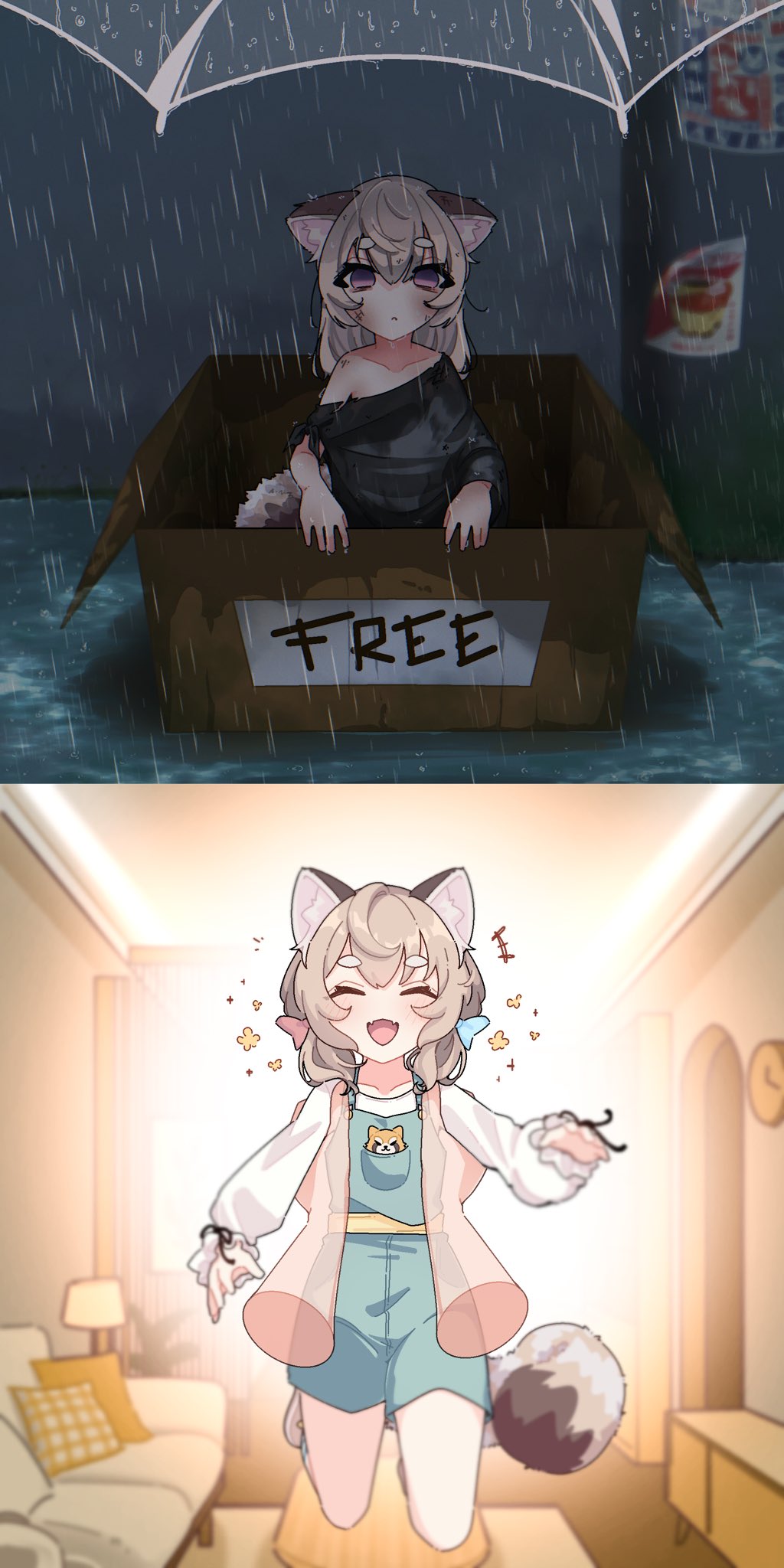 hyurisaki, komachi panko, phase connect, commentary, english commentary, highres, second-party source, +++, 1girl, abandoned, animal ear fluff, animal ears, before and after, black shirt, blank eyes, box, bright background, brown hair, cardboard box, clock, collarbone, contrast, couch, day, depressed, facing viewer, fangs, for adoption, hair ribbon, happy, indoors, jumping, looking at viewer, messy hair, multiple views, night, off shoulder, outdoors, rain, red panda ears, red panda girl, red panda tail, ribbon, road, sad, shirt, short hair, skin fangs, street, tail, torn clothes, umbrella, virtual youtuber, wet