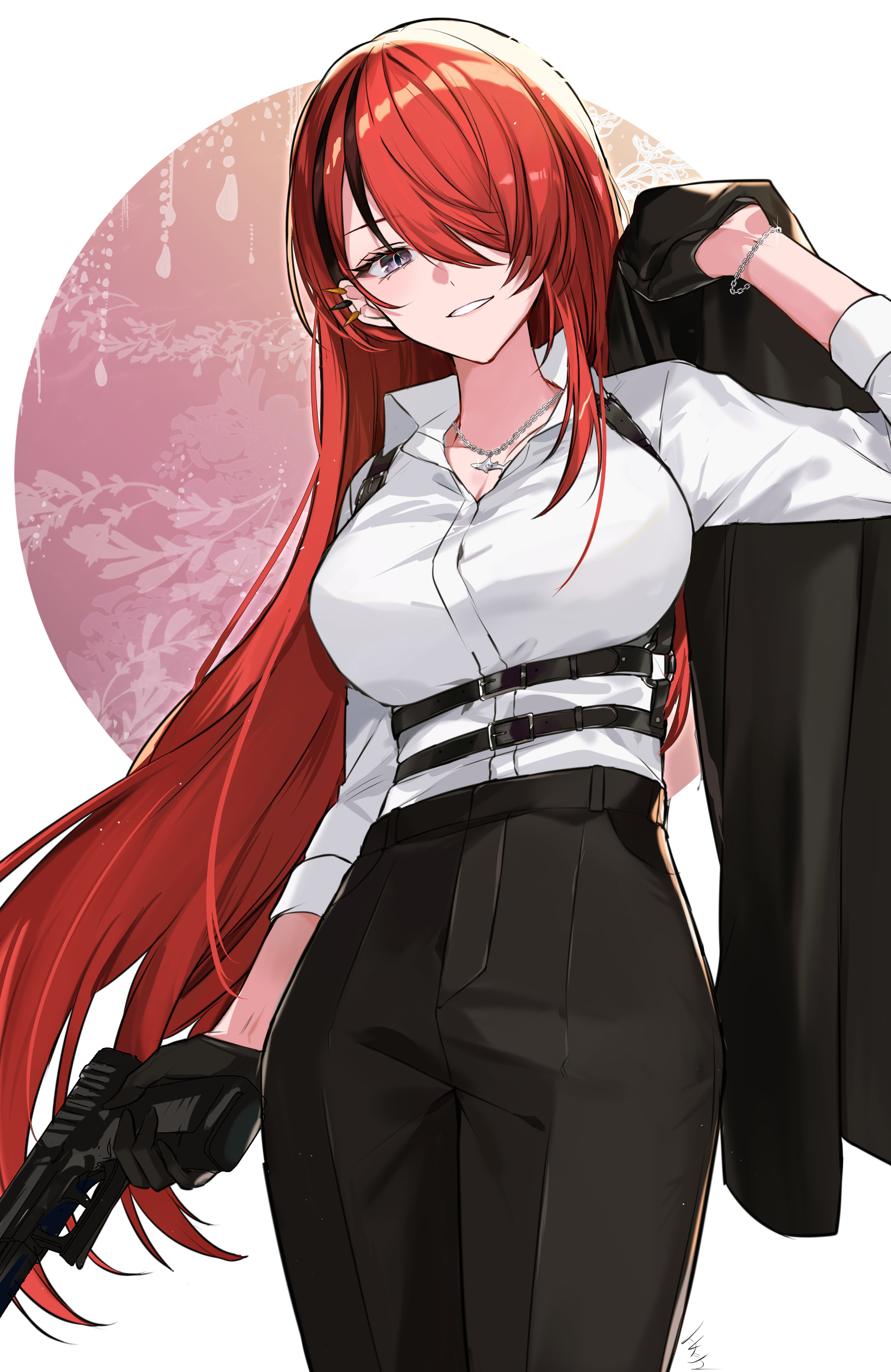 ichimishiyu, lain paterson, nijisanji, absurdres, commentary request, highres, 1girl, black gloves, black hair, black pants, breasts, collared shirt, ear piercing, formal clothes, gloves, gun, hair down, hair over one eye, handgun, holding, holding gun, holding weapon, jacket, jewelry, lain paterson (7th costume), large breasts, long hair, multicolored hair, necklace, pants, piercing, red hair, shirt, solo, streaked hair, suit, unworn jacket, very long hair, virtual youtuber, weapon, white shirt