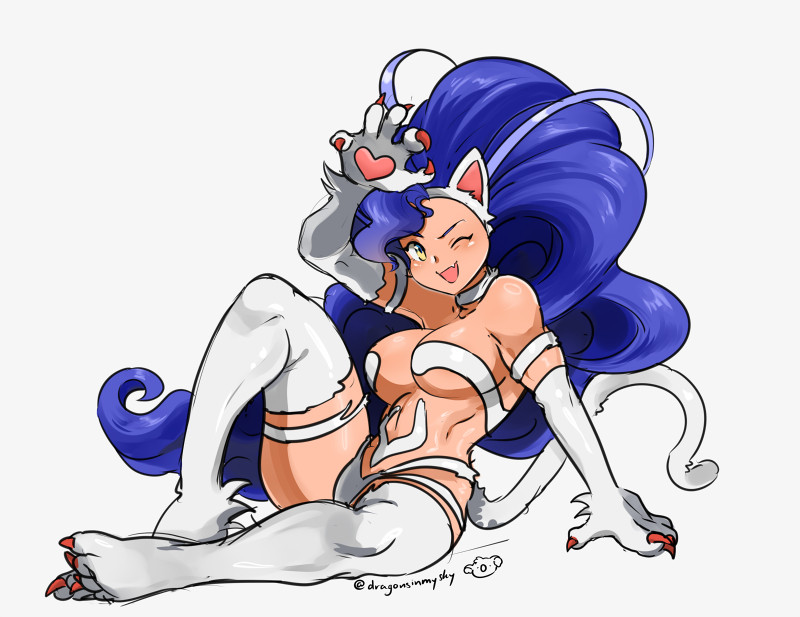dragonsinmysky, felicia (darkstalkers), darkstalkers, 1girl, animal ears, animal hands, bare shoulders, blue eyes, breasts, cat, cat ears, cat girl, cat tail, large breasts, long hair, one eye closed, sitting, tail, very long hair, white background, white fur, yellow eyes