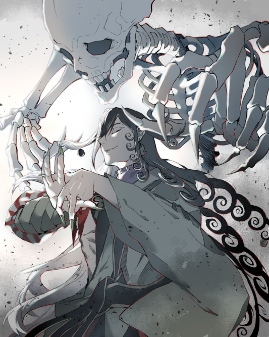 sakura (skr i), ashiya douman (fate), gashadokuro, fate/grand order, fate (series), commentary request, 1boy, asymmetrical clothes, asymmetrical hair, bell, black hair, curly hair, eyeshadow, fingernails, green eyeshadow, green kimono, green lips, green nails, hadanugi dousa, hair bell, hair between eyes, hair intakes, hair ornament, japanese clothes, kimono, long hair, magatama, makeup, male focus, multicolored hair, onmyouji, open kimono, ribbed sleeves, sharp fingernails, skeleton, toned, toned male, two-tone hair, very long fingernails, very long hair, white hair