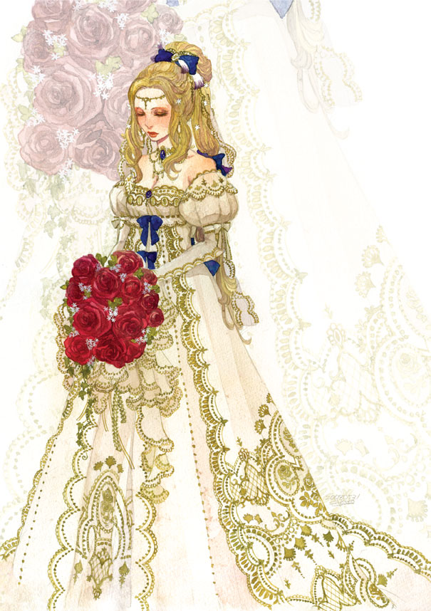 sakizou, celes chere, final fantasy, final fantasy vi, bad id, bad pixiv id, painting (medium), traditional media, watercolor (medium), 1990s (style), 1girl, blonde hair, bouquet, breasts, bride, cleavage, closed eyes, dress, female focus, flower, hair ornament, hair ribbon, jewelry, lipstick, long hair, makeup, necklace, off shoulder, ponytail, retro artstyle, ribbon, rose, solo, standing, wedding dress