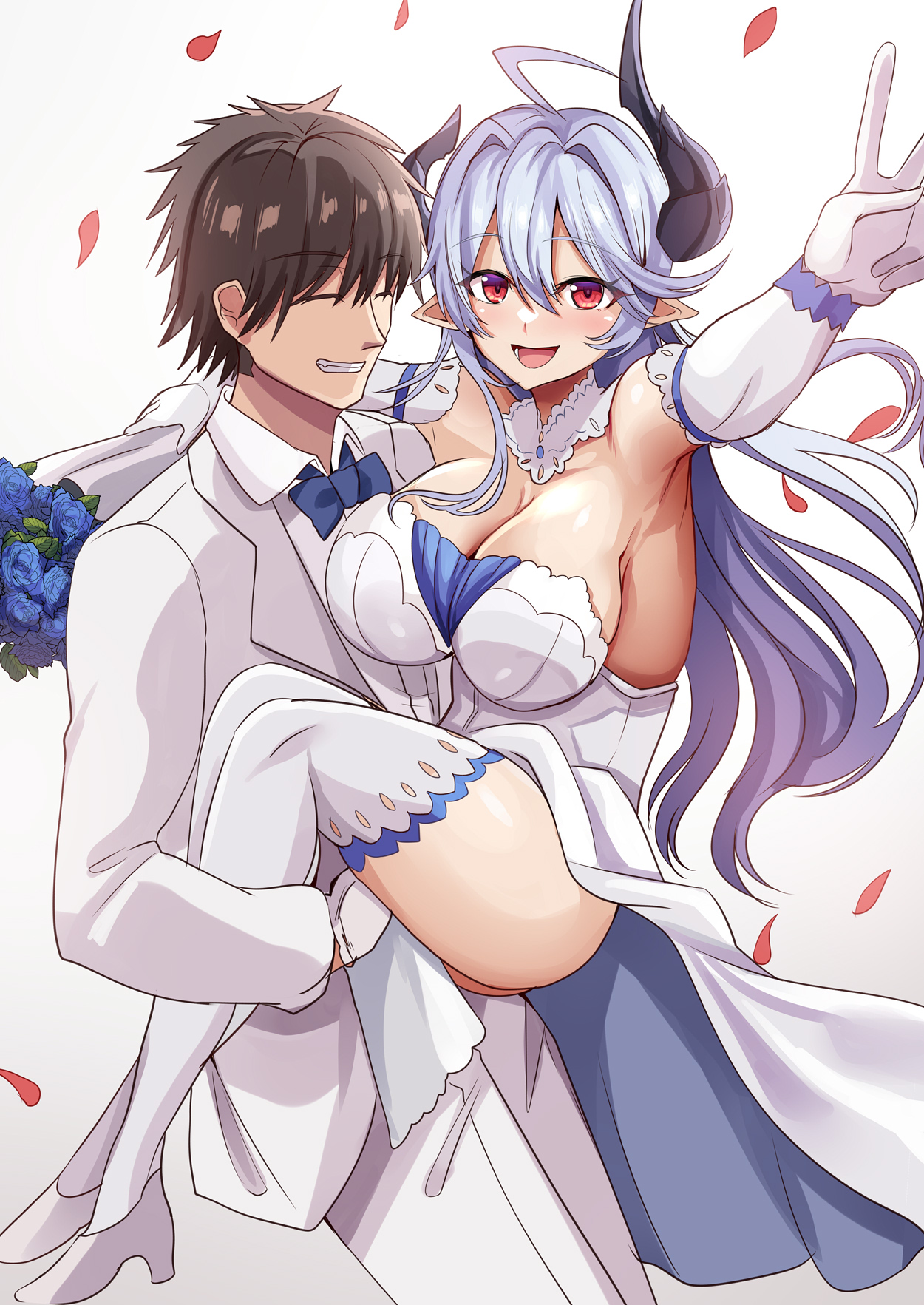 himuro shunsuke, original, commentary request, highres, 1boy, 1girl, ahoge, black hair, black horns, blue bow, blue bowtie, blue flower, blue rose, bouquet, bow, bowtie, bride, closed eyes, collar, detached collar, dress, elbow gloves, falling petals, flower, formal clothes, gloves, holding, holding bouquet, horns, long hair, open mouth, petals, pointy ears, red eyes, red petals, rose, shoes, short hair, smile, strapless, strapless dress, suit, thighhighs, wedding dress, white collar, white gloves, white shoes, white suit, white thighhighs