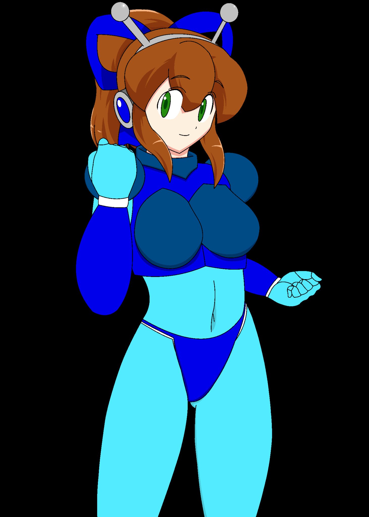 assatakku, hyper roll (marvel vs. capcom), roll (mega man), marvel vs. capcom, mega man (classic), mega man (series), commentary request, highres, variant set, 1girl, alternate color, android, armor, bikini armor, black background, blue armor, blue ribbon, boots, breasts, brown hair, clenched hands, closed mouth, green eyes, hair ribbon, hairband, hand up, headphones, joints, knee boots, large breasts, long hair, looking at viewer, mechanical arms, mechanical boots, mechanical legs, ponytail, radio antenna, ribbon, robot, robot girl, robot joints, shoulder armor, sidelocks, simple background, smile, solo, standing