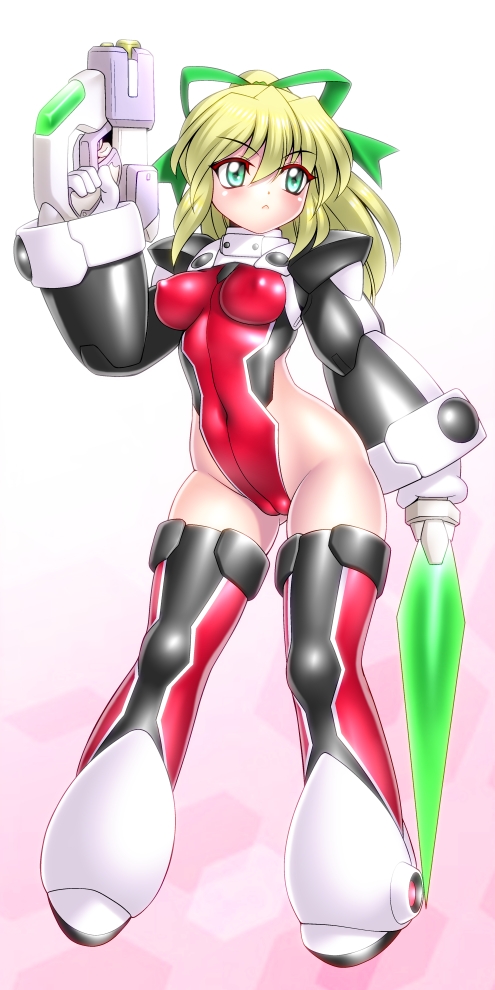 sakura ryuuken, hyper roll (marvel vs. capcom), roll (mega man), marvel vs. capcom, mega man (classic), mega man (series), commentary request, 1girl, android, aqua eyes, arm up, armor, armored boots, bikini armor, black leotard, black thighhighs, blonde hair, blue eyes, blush, boots, breasts, clenched hands, closed mouth, covered erect nipples, energy sword, full body, gorget, gradient background, green ribbon, hair between eyes, hair ribbon, hairband, hand up, headphones, highleg, highleg leotard, holding, holding sword, holding weapon, joints, knee boots, knee pads, large breasts, leotard, long hair, looking at viewer, looking to the side, mechanical arms, mechanical boots, mechanical legs, multicolored leotard, multicolored thighhighs, one eye closed, pink background, ponytail, red leotard, red thighhighs, ribbon, robot, robot girl, robot joints, shoulder armor, sidelocks, smile, solo, standing, sword, thighhighs, weapon, white background, white boots, white leotard, white thighhighs