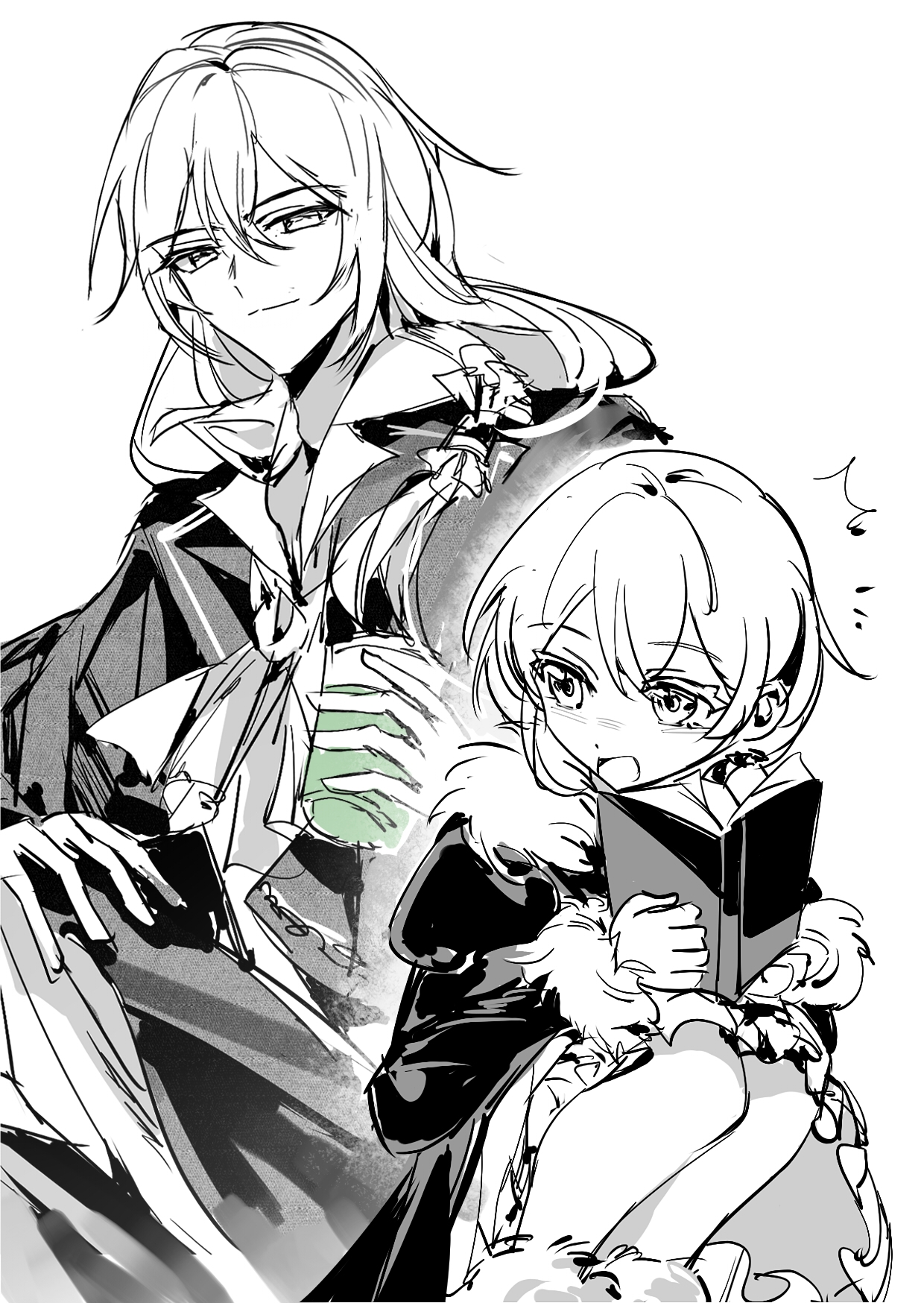 qieazhibingjiling, otto apocalypse, theresa apocalypse, theresa apocalypse (valkyrie pledge), honkai (series), honkai impact 3rd, chinese commentary, commentary request, highres, 1boy, 1girl, book, closed mouth, cup, dress, formal clothes, hair between eyes, happy, holding, holding book, holding cup, light blush, light smile, long sleeves, looking at another, looking down, looking to the side, looking up, monochrome, open book, open mouth, sitting, smile, squatting, suit, white background