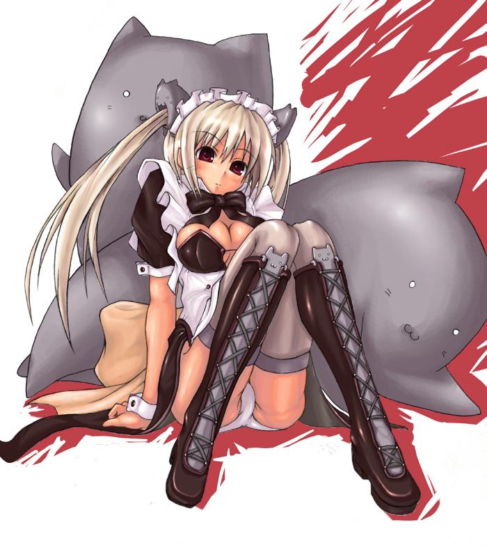 blush, breasts, cleavage, maid, panties, sitting, underwear