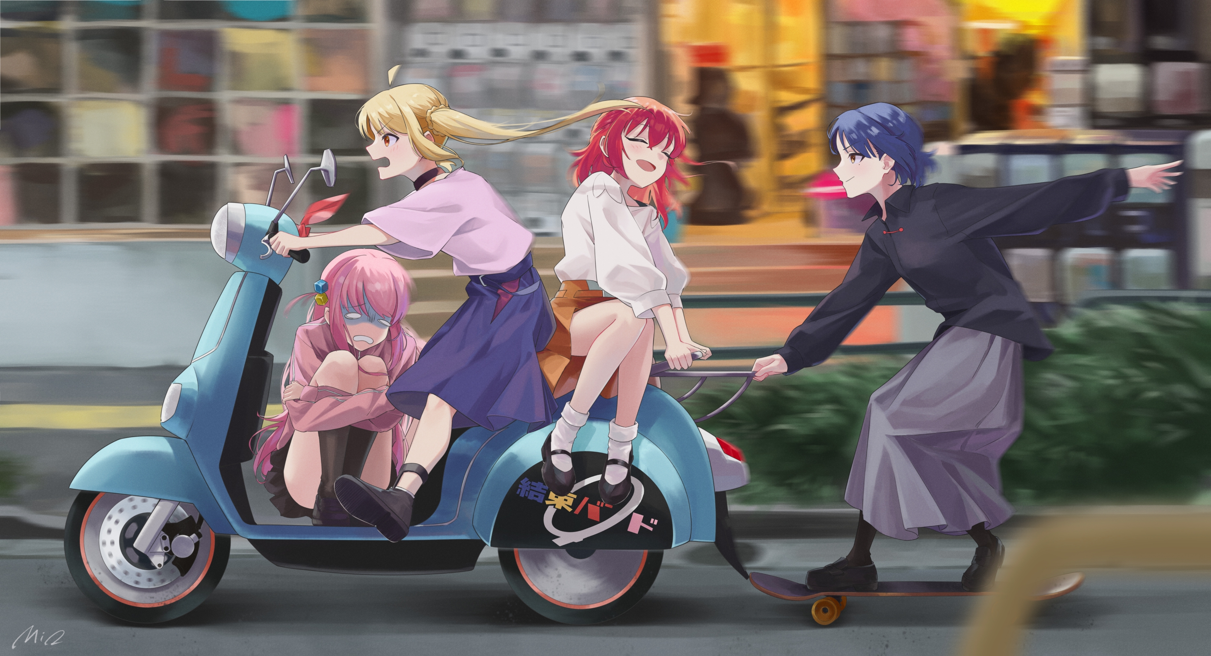 mi24789, gotoh hitori, ijichi nijika, kita ikuyo, yamada ryo, bocchi the rock!, absurdres, chinese commentary, commentary request, highres, 4girls, ahoge, black choker, black pantyhose, black shirt, black shoes, black skirt, blonde hair, blue hair, blue skirt, blurry, blurry background, blush, choker, closed eyes, closed mouth, collared shirt, cube hair ornament, detached ahoge, floating hair, gloom (expression), grey skirt, hair ornament, hugging own legs, jacket, kessoku band, long hair, long sleeves, motion blur, multiple girls, multiple riders, one side up, open mouth, orange skirt, pantyhose, pink hair, pink jacket, pink shirt, pleated skirt, real world location, red eyes, red hair, shirt, shoes, short hair, side ponytail, sidelocks, skateboard, skateboarding, skirt, smile, socks, white shirt, white socks, yellow eyes