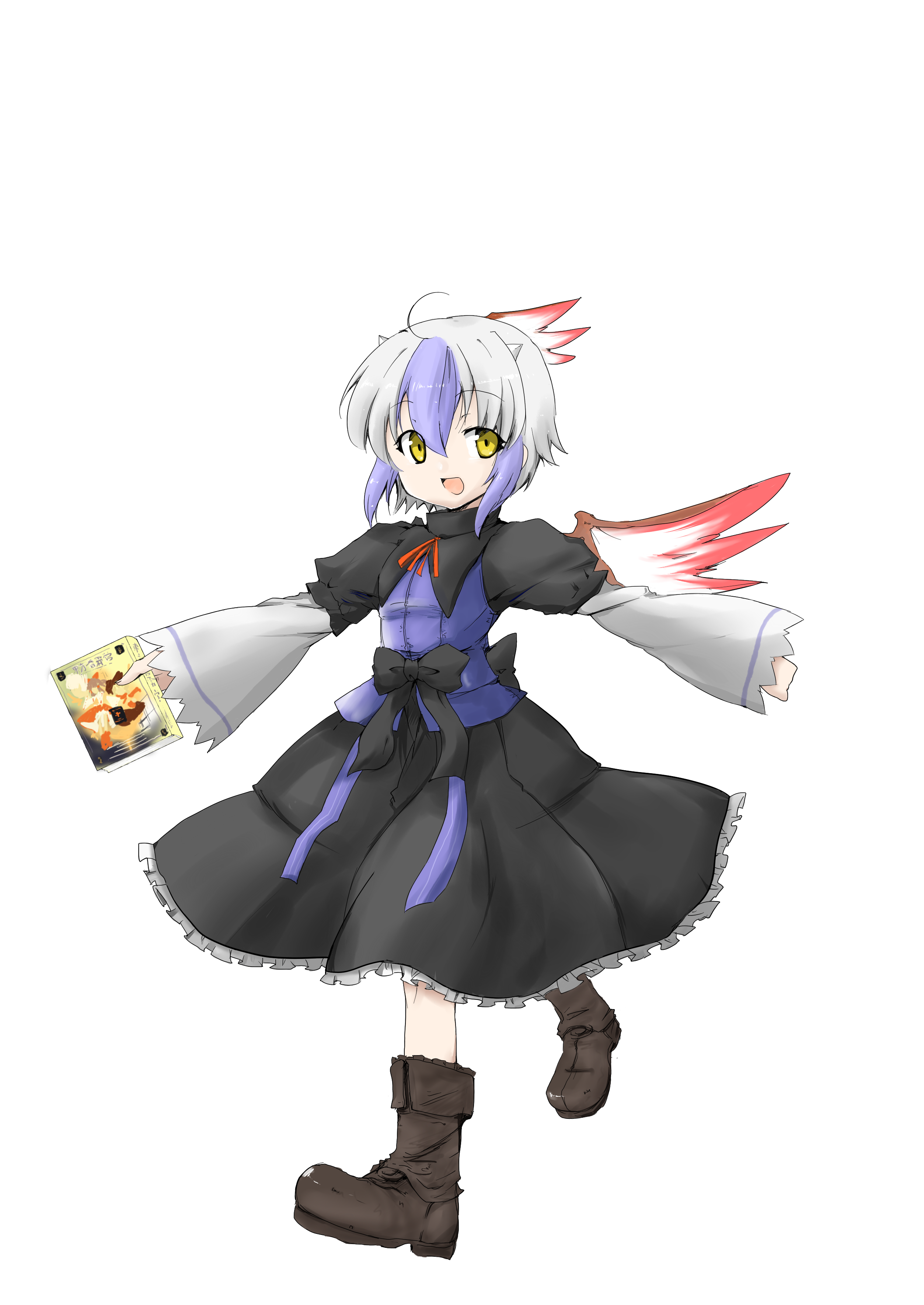 higeneko (idemoto), yuichi ito, tokiko (touhou), curiosities of lotus asia, touhou, absurdres, highres, 1girl, book, female focus, full body, head wings, horns, multicolored hair, red eyes, short hair, solo, standing, transparent background, wings