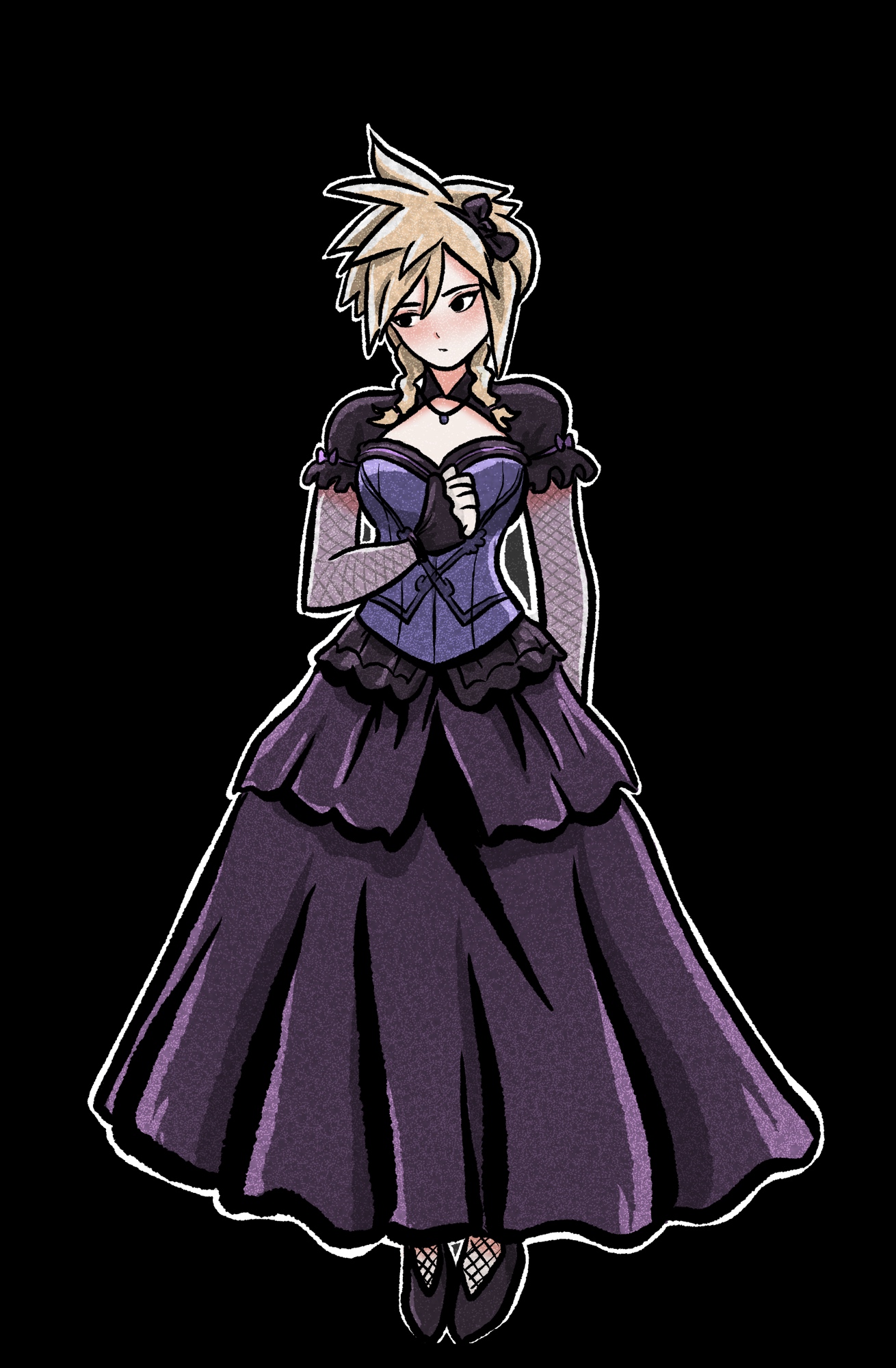 johncaden, cloud strife, cloud strife (blue dress), final fantasy, final fantasy vii, final fantasy vii remake, commentary, english commentary, highres, 1boy, :/, black background, black bow, black shoes, black shrug, blonde hair, blue bodice, blush, bow, closed mouth, crossdressing, eyeliner, fingerless gloves, fishnet arm warmers, fishnet leggings, gloves, hair between eyes, hair bow, jewelry, layered skirt, long skirt, looking to the side, loose hair strand, makeup, medium sidelocks, necklace, outline, parted bangs, puffy short sleeves, puffy sleeves, purple gloves, purple skirt, shoes, short hair, short sleeves, shrug (clothing), simple background, skirt, solo, spiked hair, white outline