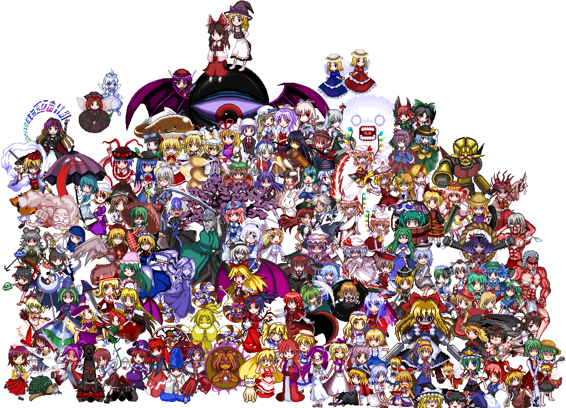 unk kyouso, aki minoriko, aki shizuha, alice margatroid, alice margatroid (pc-98), asakura rikako, asama isami, bakebake (touhou), chen, cirno, daiyousei, elis (touhou), ellen (touhou), elly (touhou), evil eye sigma, ex-keine, flandre scarlet, fujiwara no mokou, gengetsu (touhou), genjii (touhou), goliath doll, hakurei reimu, hakurei reimu (pc-98), hijiri byakuren, hinanawi tenshi, hisou tensoku, hong meiling, hoshiguma yuugi, hoshizako (touhou), houjuu nue, houraisan kaguya, ibuki suika, inaba mob (touhou), inaba tewi, inubashiri momiji, izayoi sakuya, kaenbyou rin, kagiyama hina, kamishirasawa keine, kana anaberal, kawashiro mitori, kawashiro nitori, kazami yuuka, kazami yuuka (pc-98), kedama (touhou), kikuri (touhou), kimeemaru, kirisame marisa, kirisame marisa (pc-98), kisume, kitashirakawa chiyuri, koakuma, kochiya sanae, komeiji koishi, komeiji satori, konngara (touhou), konpaku youki, konpaku youmu, konpaku youmu (ghost), kotohime (touhou), kumoi ichirin, kurodani yamame, kurumi (touhou), layla prismriver, letty whiterock, lily black, lily white, louise (touhou), luna child, lunasa prismriver, lyrica prismriver, mai (touhou), mannosuke, medicine melancholy, meimu, meira (touhou), merlin prismriver, mima (touhou), mizuhashi parsee, morichika rinnosuke, moriya suwako, mugetsu (touhou), murasa minamitsu, mystia lorelei, nagae iku, namazu (touhou), nazrin, okazaki yumemi, onozuka komachi, orange (touhou), patchouli knowledge, reisen, reisen udongein inaba, reiuji utsuho, remilia scarlet, rika (touhou), rumia, ruukoto, saigyou ayakashi, saigyouji yuyuko, sara (touhou), sariel (touhou), satsuki rin, shameimaru aya, shanghai doll, shiki eiki, shingyoku (male), shingyoku (touhou), shinki (touhou), sokrates (touhou), star sapphire, su-san, sunflower fairy (touhou), sunny milk, tatara kogasa, the 5 magic stones (touhou), tokiko (touhou), toramaru shou, unzan, watatsuki no toyohime, watatsuki no yorihime, wriggle nightbug, yagokoro eirin, yakumo ran, yakumo yukari, yasaka kanako, yuki (touhou), yumeko (touhou), yuugenmagan, zombie fairy (touhou), embodiment of scarlet devil, highly responsive to prayers, lotus land story, mystic square, original, phantasmagoria of dim.dream, the story of eastern wonderland, touhou, touhou (pc-98), uwabami breakers, character request, 3boys, 6+girls, :<, :p, absolutely everyone, angel, ascot, bat wings, blonde hair, bucket, catfish, chibi, cloud, demon, detached sleeves, doll, dowsing rod, dual persona, everyone, fish, flower tank (touhou), fox tail, ghost, heterochromia, horns, in bucket, in container, instrument, japanese clothes, karakasa obake, katana, maid, miko, military, military vehicle, motor vehicle, multiple boys, multiple girls, multiple tails, pale skin, pixel art, plaid clothes, plaid skirt, plaid vest, rabbit, red eyes, sailor, samurai, shaded face, shrine tank (touhou), single horn, skirt, skirt set, smile, sword, tail, tank, thighhighs, time paradox, tongue, tongue out, transparent background, turtle, umbrella, vest, weapon, wings, witch, yukkuri shiteitte ne
