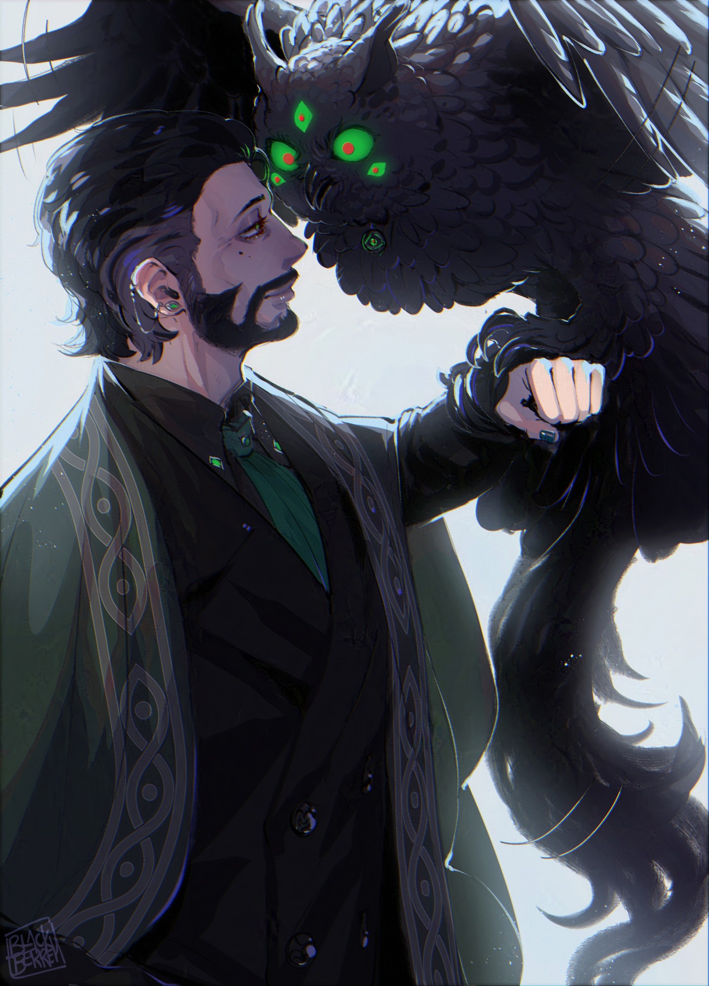 blackberreh-art, elias bouchard, the magnus archives, commentary, english commentary, highres, 1boy, bags under eyes, beard, bird, black hair, crow's feet, design speculation, earrings, eyeball earrings, eyelashes, facial hair, grey hair, jewelry, lips, male focus, mole, multicolored hair, owl, shirt, short hair, smile, two-tone hair