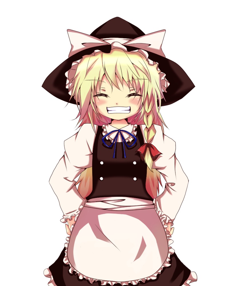 huleito, kirisame marisa, touhou, bad id, bad pixiv id, 1girl, blonde hair, female focus, grin, hat, simple background, smile, solo, white background, witch, witch hat