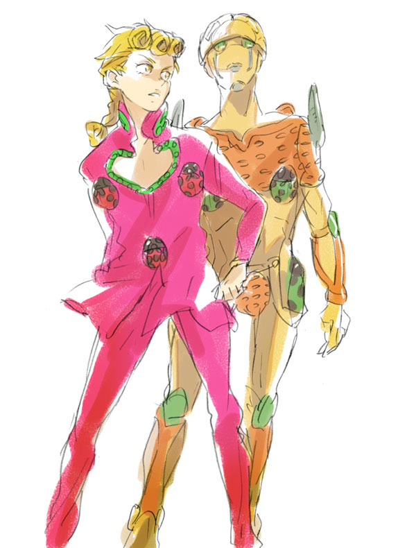 mokeo, giorno giovanna, gold experience, jojo no kimyou na bouken, vento aureo, bad id, bad pixiv id, blonde hair, braid, bug, insect, ladybug, male focus, pectoral cleavage, pectorals, ponytail, sketch, stand (jojo), yellow eyes
