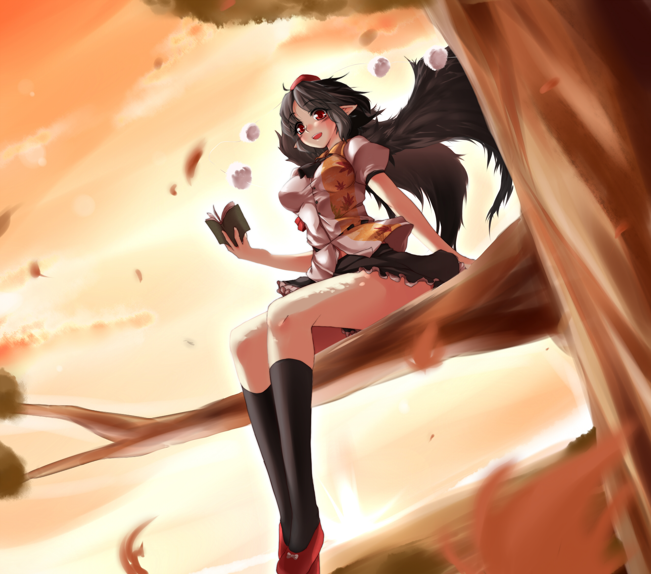 yamane akira, shameimaru aya, touhou, bad id, bad pixiv id, highres, 1girl, arm support, black hair, black wings, female focus, geta, hat, in tree, looking down, notebook, open mouth, pointy ears, red eyes, short hair, sitting, sitting in tree, smile, solo, sunset, tengu-geta, tokin hat, tree, wings