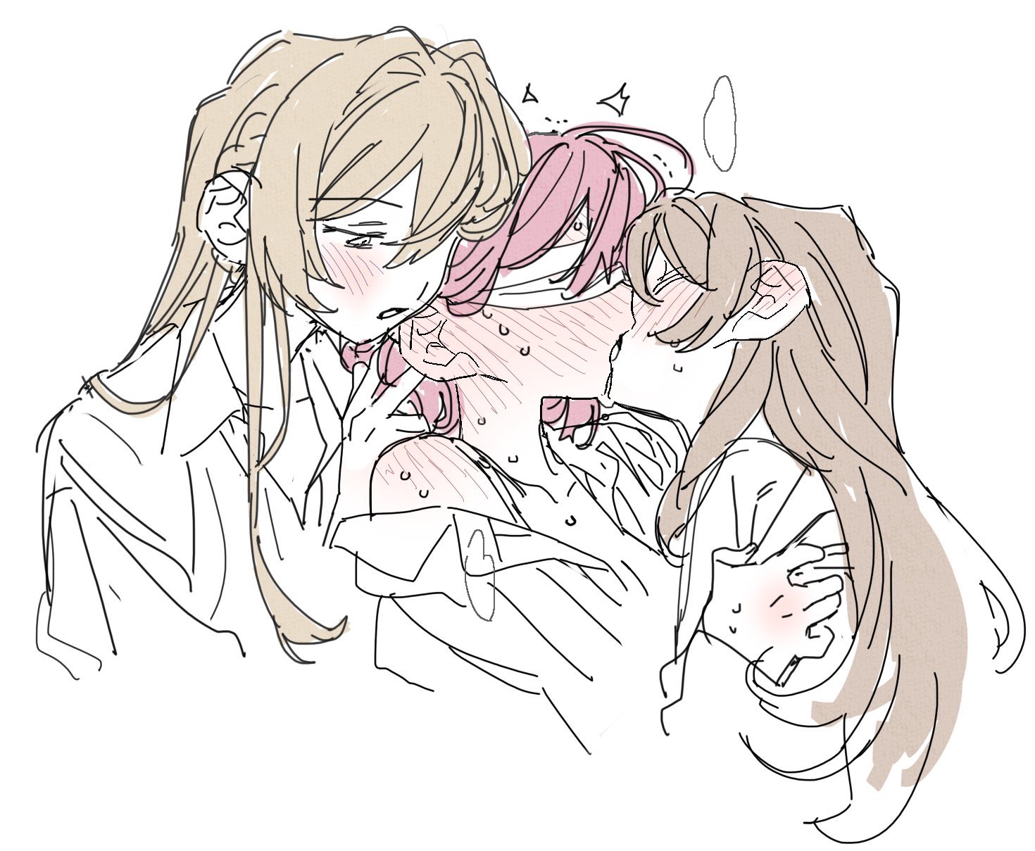 dayama, amaori renako, ouzuka mai, sena ajisai, watashi ga motenai no wa dou kangaetemo omaera ga warui!, 3girls, blindfold, fff threesome, group sex, kiss, multiple girls, pink hair, sweat, threesome, yuri