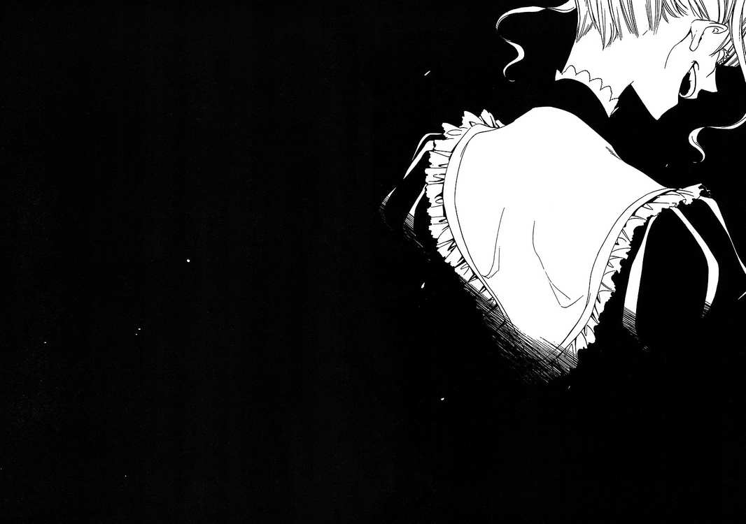 beatrice (umineko), umineko no naku koro ni, black theme, choker, greyscale, laughing, monochrome, smile, solo