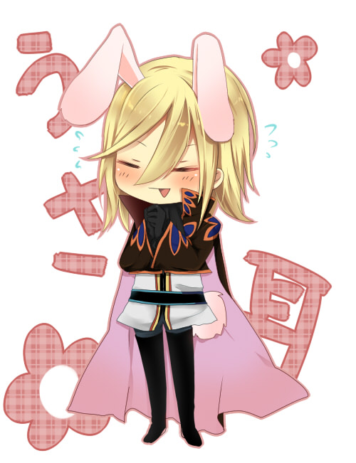 touyama soboro, richard (tales), tales of (series), tales of graces, bad id, bad pixiv id, 1boy, 1girl, animal ears, blonde hair, blush, cape, female focus, male focus, rabbit ears, solo