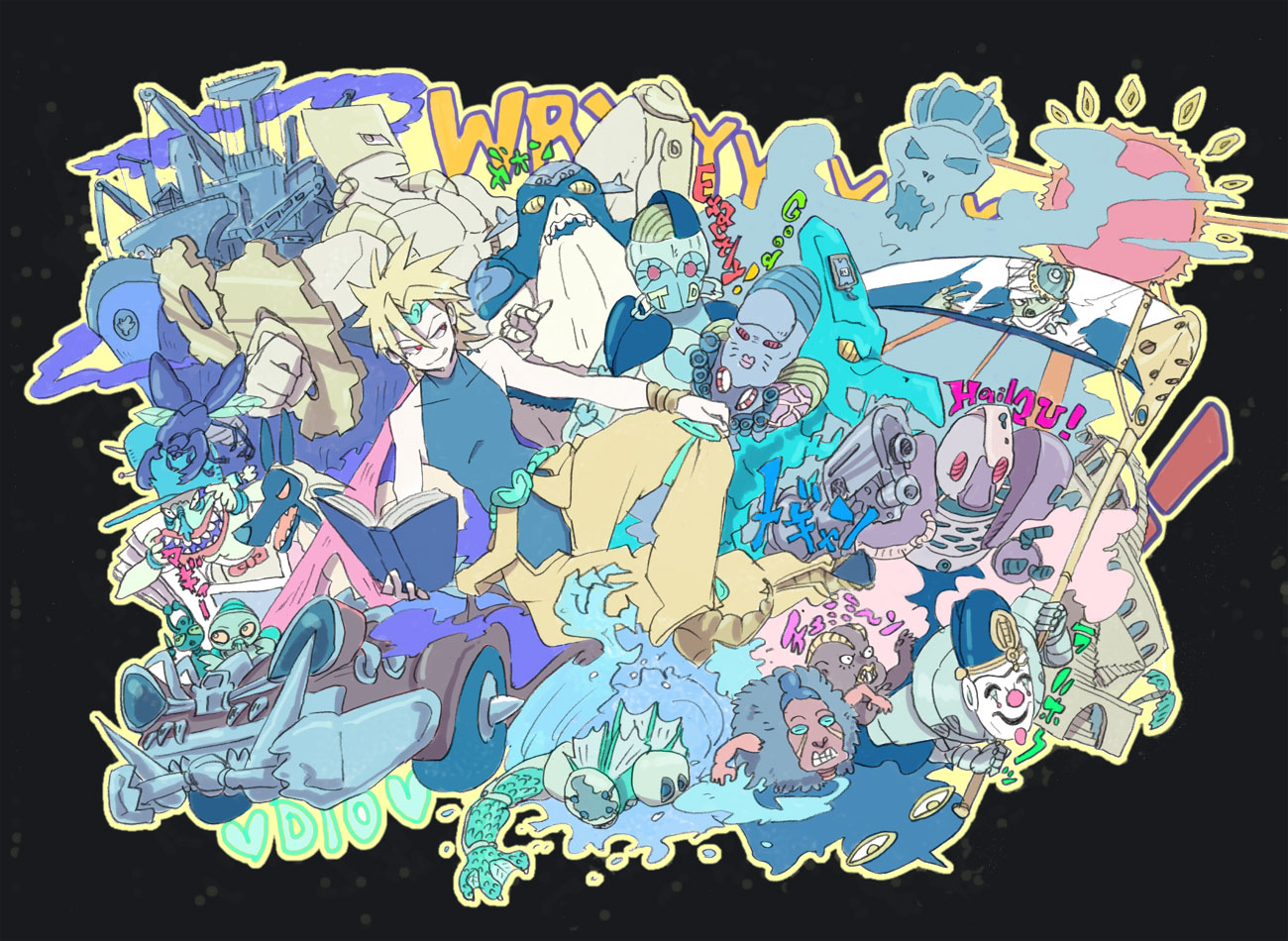 mokeo, anubis (stand), atum (stand), cream (stand), dark blue moon, death 13, dio brando, ebony devil, emperor (stand), empress (stand), hanged man (stand), high priestess (stand), horus (stand), judgment (stand), justice (stand), oingo, osiris (stand), sethan (stand), strength (stand), tenor sax, tenore sax, the sun (stand), the world (stand), tower of grey (stand), wheel of fortune (stand), jojo no kimyou na bouken, 1boy, blonde hair, boat, book, bug, car, english text, everyone, gears, gun, headband, heart, motor vehicle, red eyes, scythe, sleeveless, stand (jojo), sun, watercraft, weapon, wryyyyyyyyyyyyyyyyyyyy