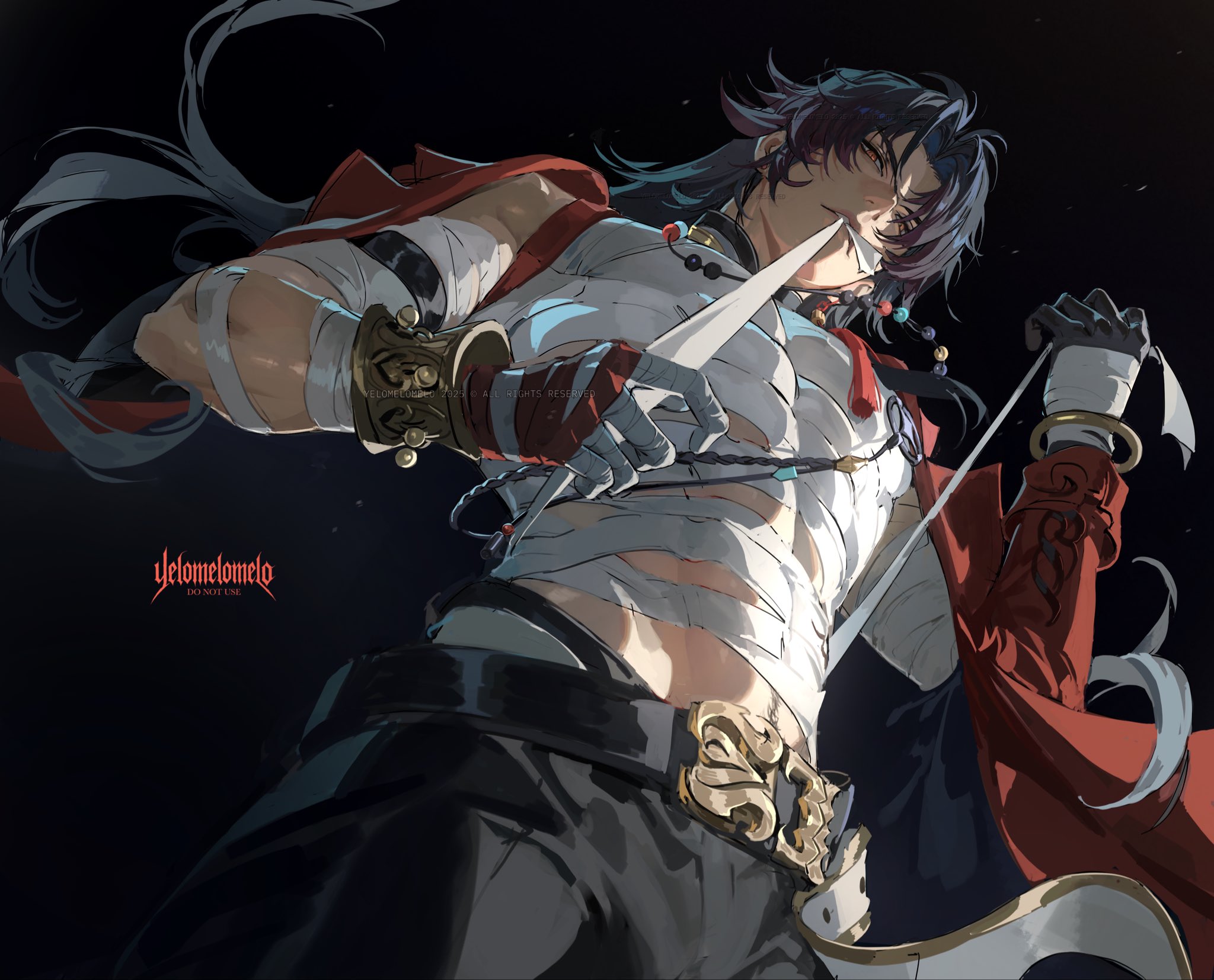 blade (honkai: star rail), honkai: star rail, honkai (series), hashtag-only commentary, highres, 1boy, ahoge, artist name, bandaged chest, bandaged torso, bangle, beads, belt, biting, black background, black hair, blade (elation) (honkai: star rail), bracelet, cohoochiedust, double-parted bangs, earrings, from below, gloves, jacket, jewelry, long hair, male focus, necklace, open clothes, pants, red eyes, red jacket, single earring, single glove, stretching, tassel, toned, toned male, very long hair