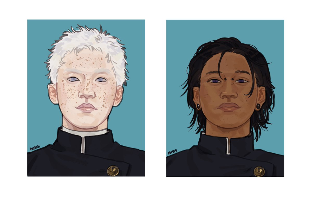 getou suguru, gojou satoru, jujutsu kaisen, commentary, english commentary, 2boys, albino, alternate skin color, artist name, blue eyes, dark-skinned male, dark skin, face piercing, freckles, gakuran, jujutsu tech uniform, lych333s, male focus, multiple boys, nose piercing, piercing, plug (piercing), portrait, purple eyes, school uniform, short hair, very short hair, white hair