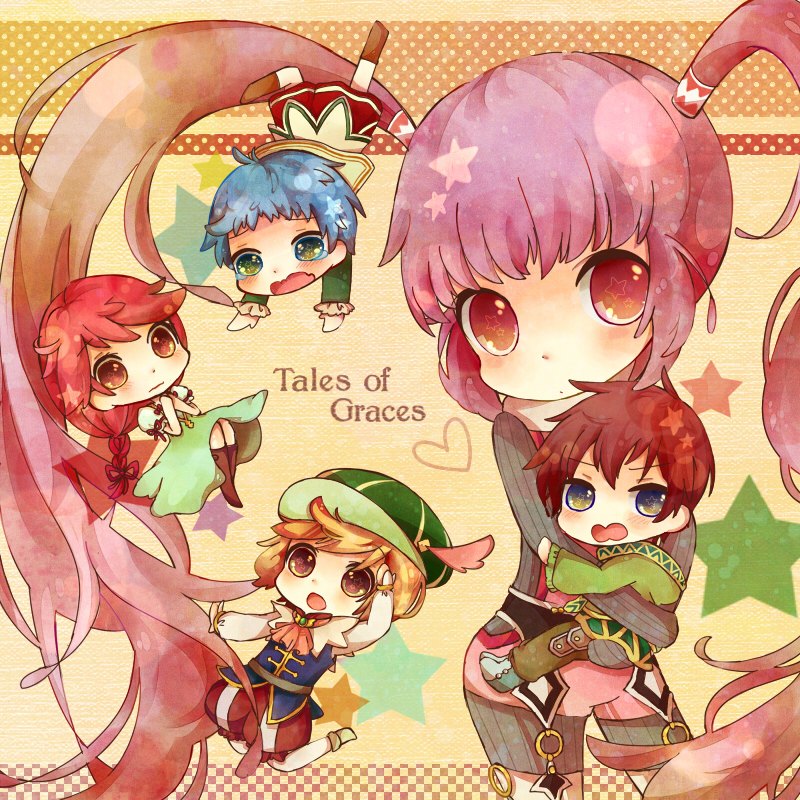 miyuko, asbel lhant, cheria barnes, hubert ozwell, richard (tales), sophie (tales), tales of (series), tales of graces, 2girls, 3boys, aged down, blonde hair, blue hair, brothers, brown hair, chibi, copyright name, green shirt, hat, hug, multiple boys, multiple girls, pink hair, purple hair, shirt, siblings, twintails