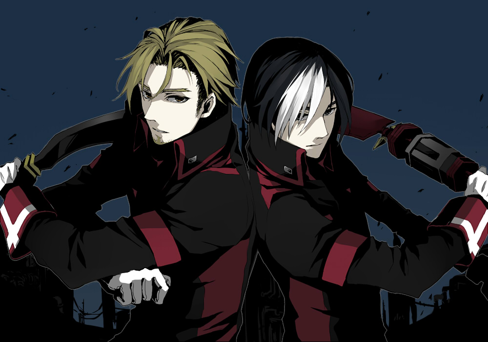 iccan, kurt (tales), kurt (tales of graces), malik caesars, tales of (series), tales of graces, bad id, bad pixiv id, 2boys, black hair, blue background, brown hair, gloves, male focus, military, military uniform, multicolored hair, multiple boys, official alternate costume, simple background, two-tone hair, weapon, white hair