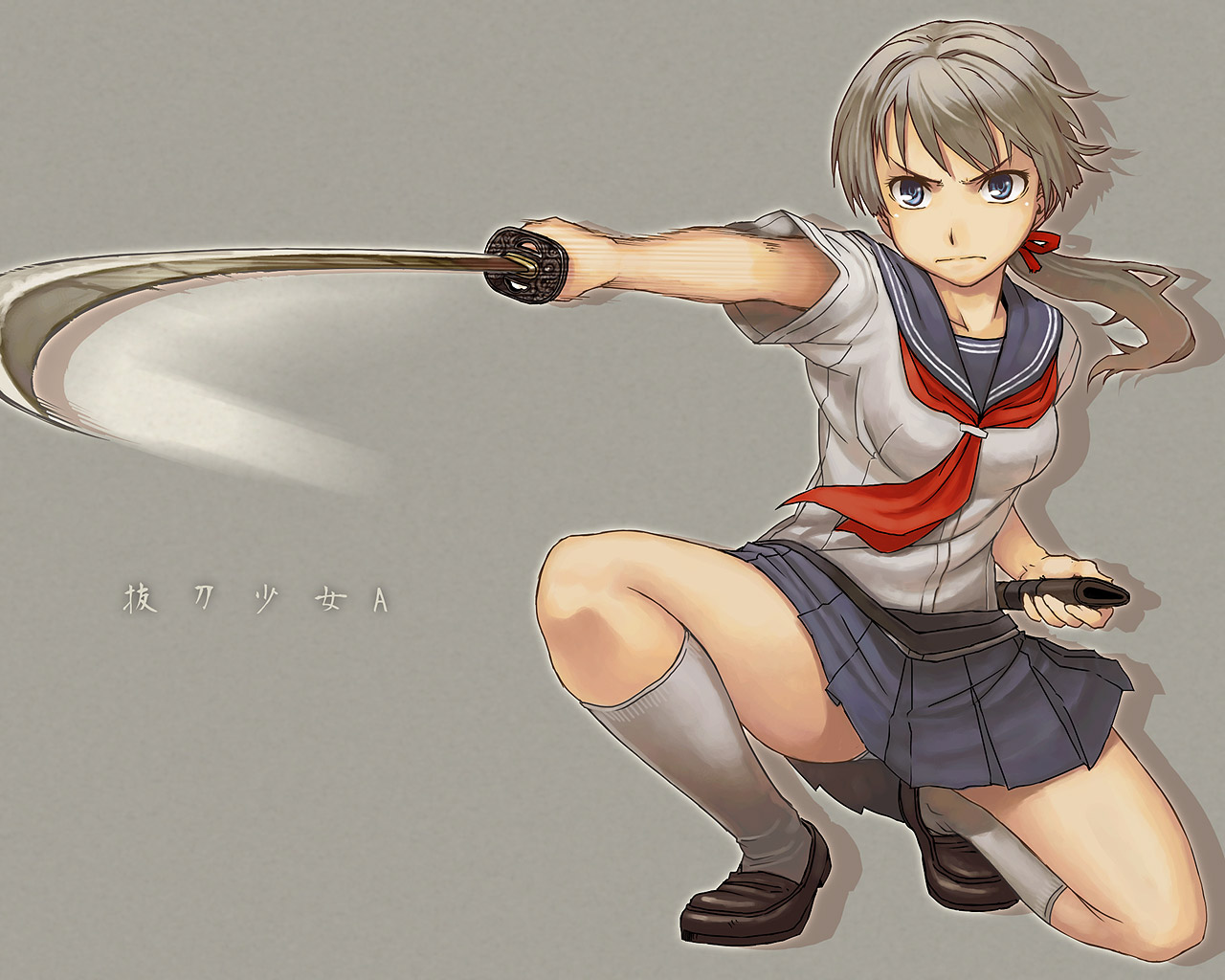 itou (onsoku tassha), original, 1girl, drawing sword, female focus, foreshortening, holding, holding sword, holding weapon, katana, kneehighs, ponytail, scabbard, school uniform, serafuku, sheath, skirt, socks, solo, squatting, sword, weapon