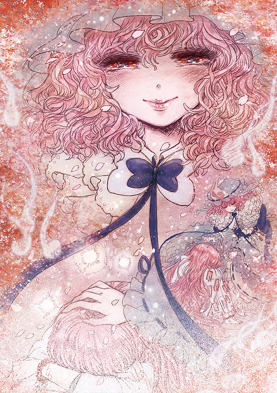 takatora, saigyouji yuyuko, saigyouji yuyuko (living), touhou, hand on head, bad id, bad pixiv id, 2girls, aged down, cherry blossoms, dual persona, eyelashes, female focus, ghost, hitodama, hugging own legs, lips, multiple girls, pink hair, red eyes, sad, smile