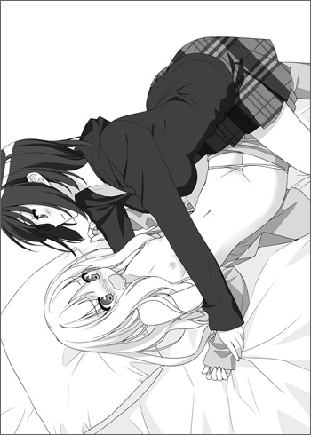 kani biimu, kawamura reo, sawaguchi mai, fuguriya, sono hanabira ni kuchizuke wo, lowres, 2girls, blush, breasts, greyscale, monochrome, multiple girls, nipples, panties, small breasts, underwear, yuri