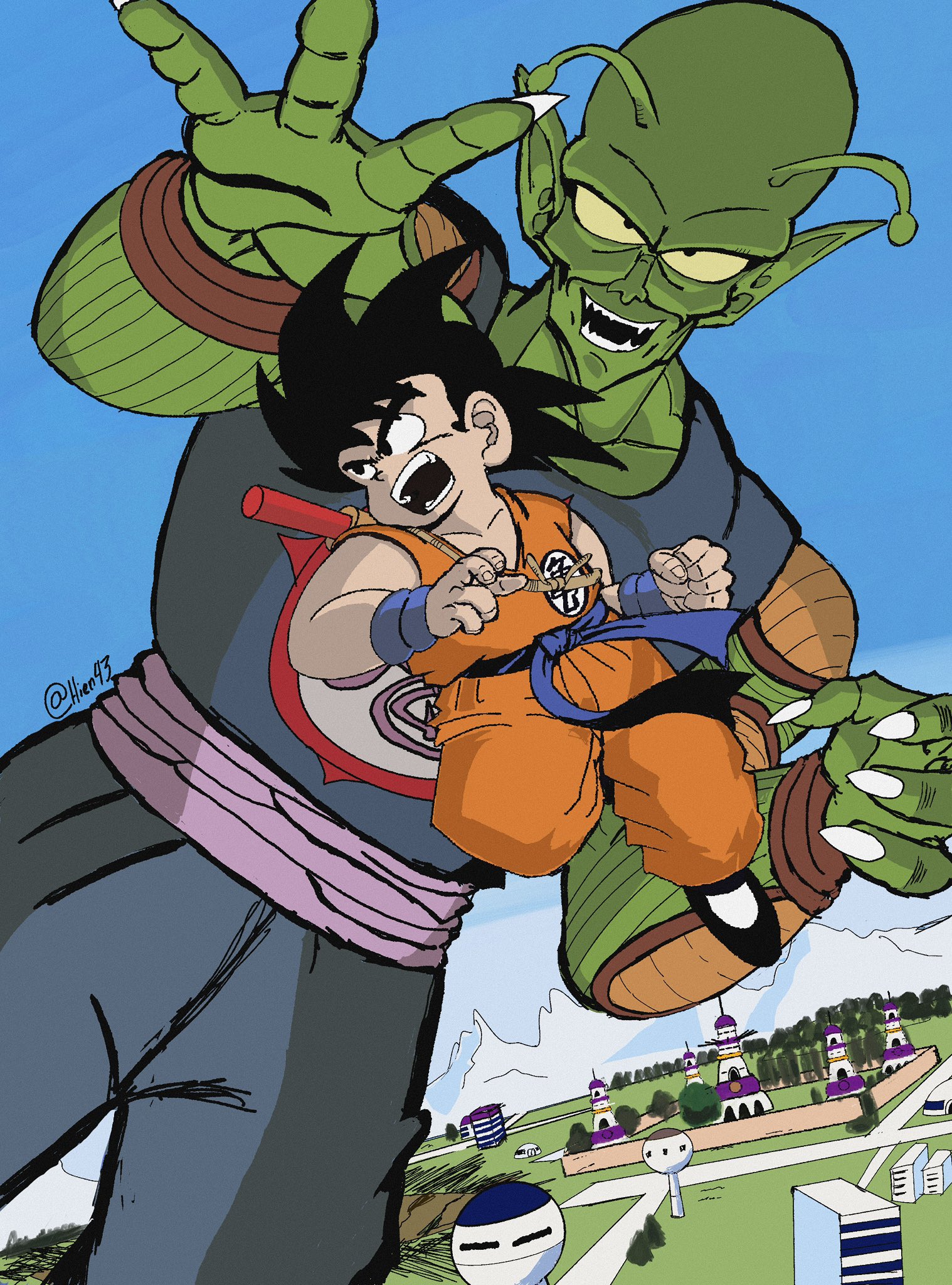 piccolo daimaou, son goku, dragon ball, dragon ball (classic), highres, city, hien43114366