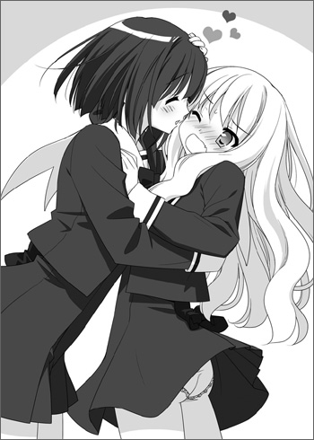 kani biimu, kawamura reo, sawaguchi mai, fuguriya, sono hanabira ni kuchizuke wo, lowres, 2girls, blush, greyscale, monochrome, multiple girls, panties, school uniform, underwear, yuri