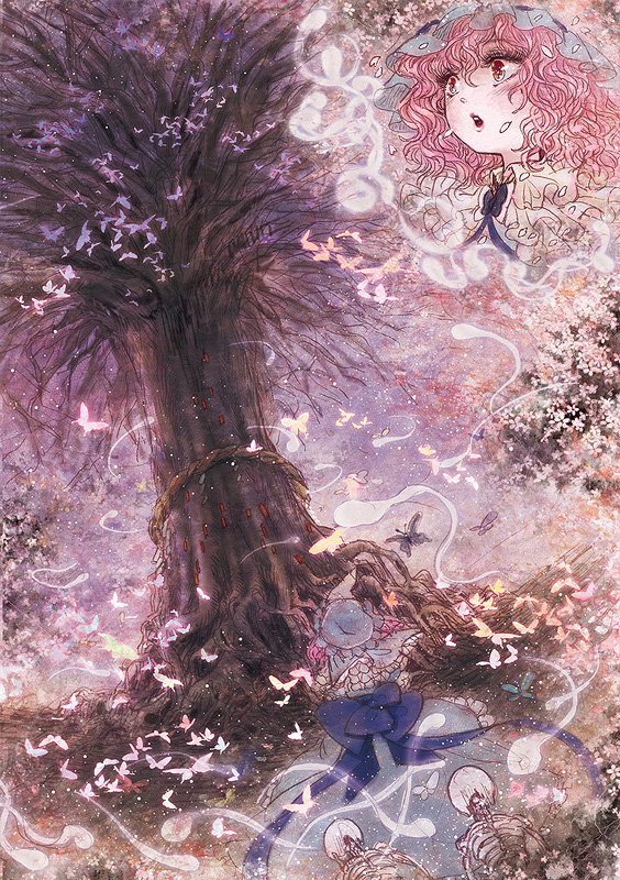 takatora, saigyou ayakashi, saigyouji yuyuko, touhou, bad id, bad pixiv id, scan, 1girl, bare tree, bug, butterfly, cherry blossoms, comic, dress, dutch angle, eyelashes, female focus, flower, from behind, ghost, hat, hitodama, nature, outdoors, petals, pink hair, plant, rope, shimenawa, short hair, silent comic, skeleton, solo, surprised, tree