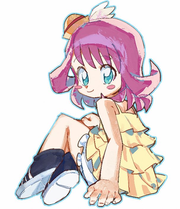 original, 1girl, 7is dm, bare shoulders, blue eyes, dress, full body, looking at viewer, pink hair, purple hair, short hair, simple background, sitting, skirt, sleeveless, smile, solo, yellow skirt