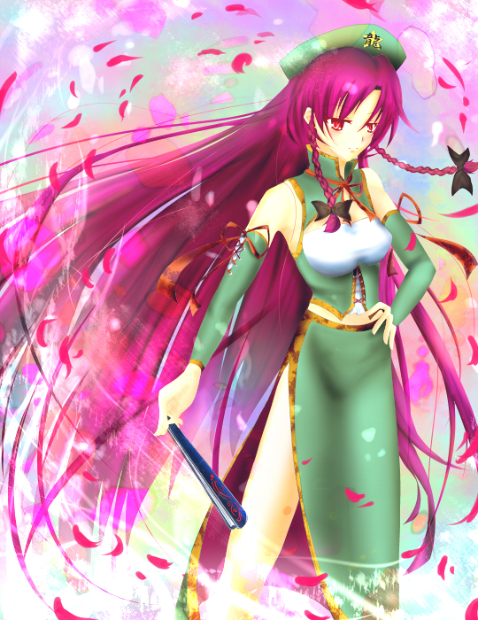 saraso-ju, hong meiling, embodiment of scarlet devil, touhou, bad id, bad pixiv id, 1girl, braid, breasts, china dress, chinese clothes, dress, female focus, folded fan, folding fan, hand fan, hat, holding, holding fan, long hair, red eyes, red hair, solo, twin braids