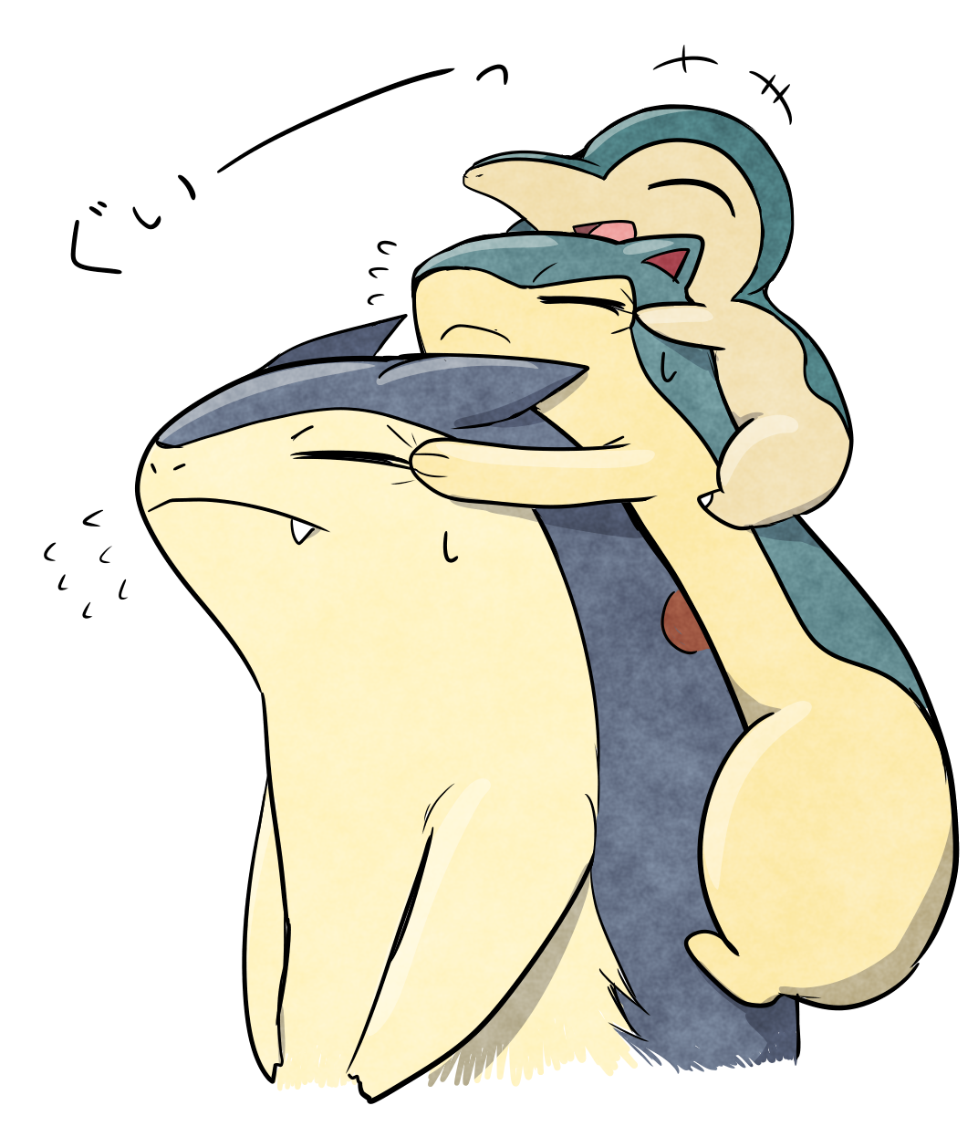 kashiwa (3920kashiwa), cyndaquil, quilava, typhlosion, nintendo, pokemon, commentary request, highres, 2018, blue fur, carrying, closed eyes, closed mouth, fangs, gen 2 pokemon, green fur, open mouth, piggyback, smile, sweatdrop, two-tone fur, white background, yellow fur