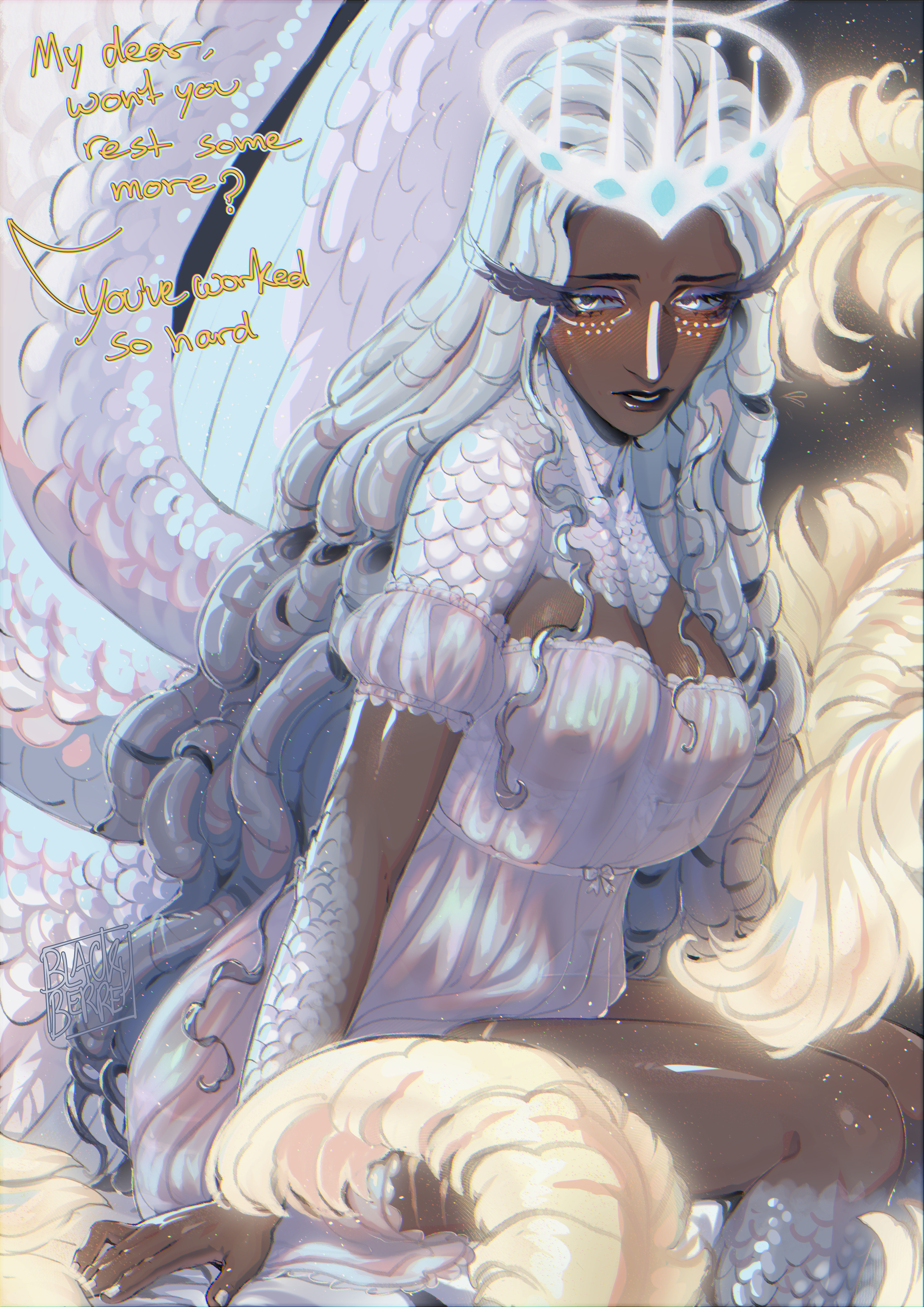 blackberreh-art, sera (hazbin hotel), speaker of god (hazbin hotel), hazbin hotel, hellaverse, absurdres, commentary, english commentary, highres, paid reward available, 2girls, angel, angel wings, bird girl, breasts, cleavage, colored sclera, dark-skinned female, dark skin, drill hair, english text, feathers, glowing, glowing halo, grey hair, grey sclera, halo, implied yuri, long eyelashes, multiple girls, multiple wings, nightgown, solo focus, white eyes, wings