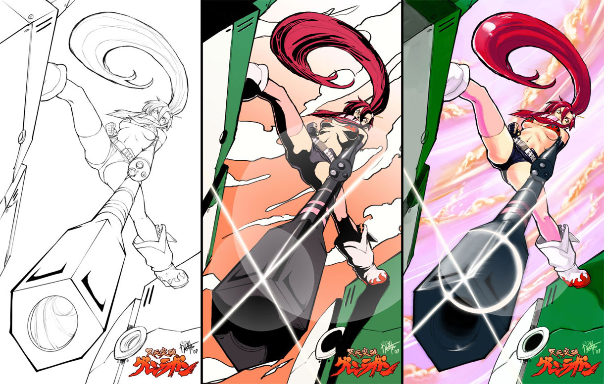 rejean dubois, yoko littner, tengen toppa gurren lagann, 00s, 1girl, anti-materiel rifle, belt, bikini, bikini top only, breasts, cleavage, fingerless gloves, foreshortening, gloves, gun, large breasts, long hair, ponytail, red hair, rifle, scarf, shorts, sniper rifle, swimsuit, thighhighs, weapon, yellow eyes