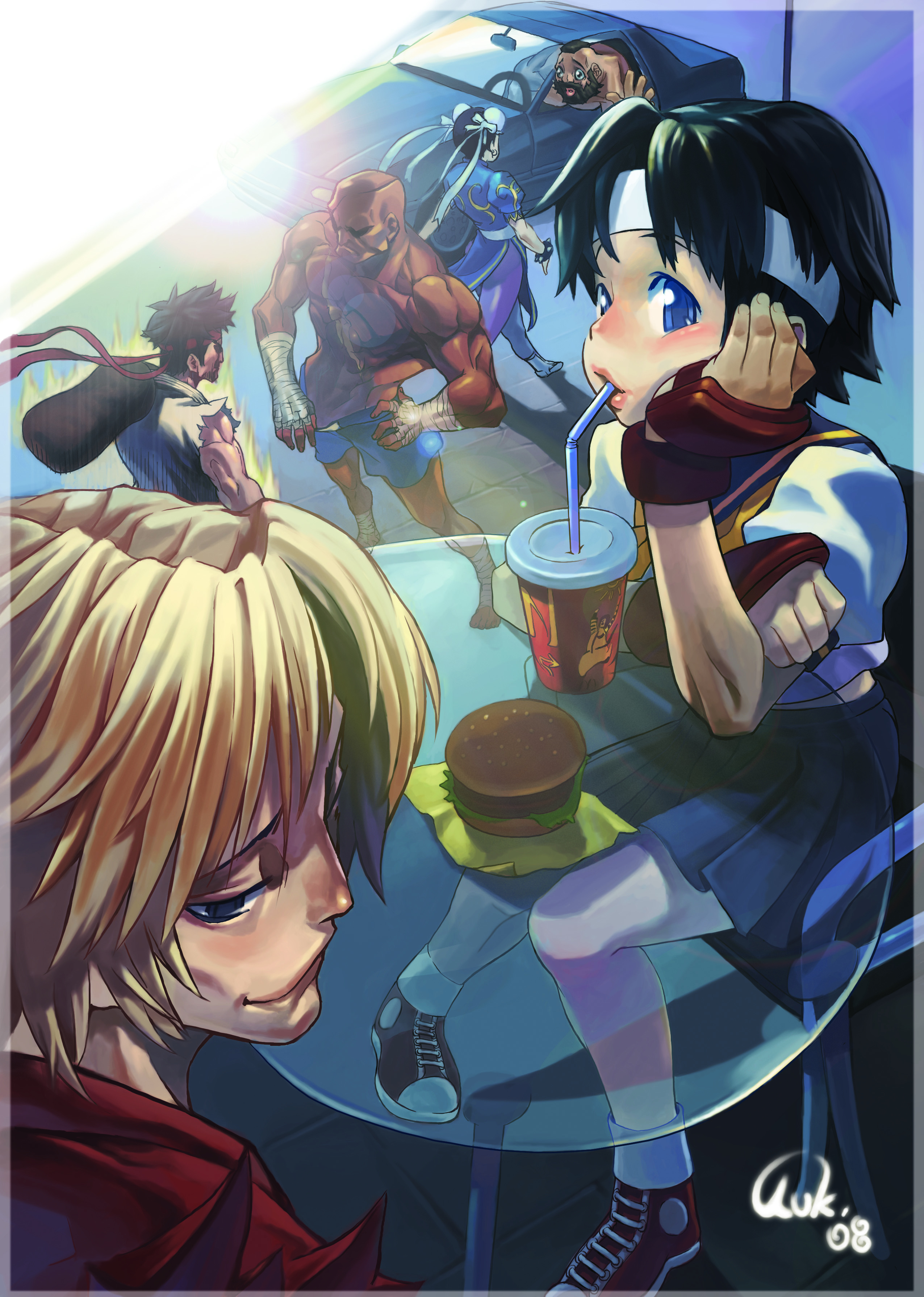 kuks, chun-li, kasugano sakura, ken masters, ronald mcdonald, ryu (street fighter), sagat, zangief, capcom, mcdonald's, street fighter, absurdres, highres, 2girls, 4boys, burger, multiple boys, multiple girls, pantyhose, pelvic curtain, perspective, product placement