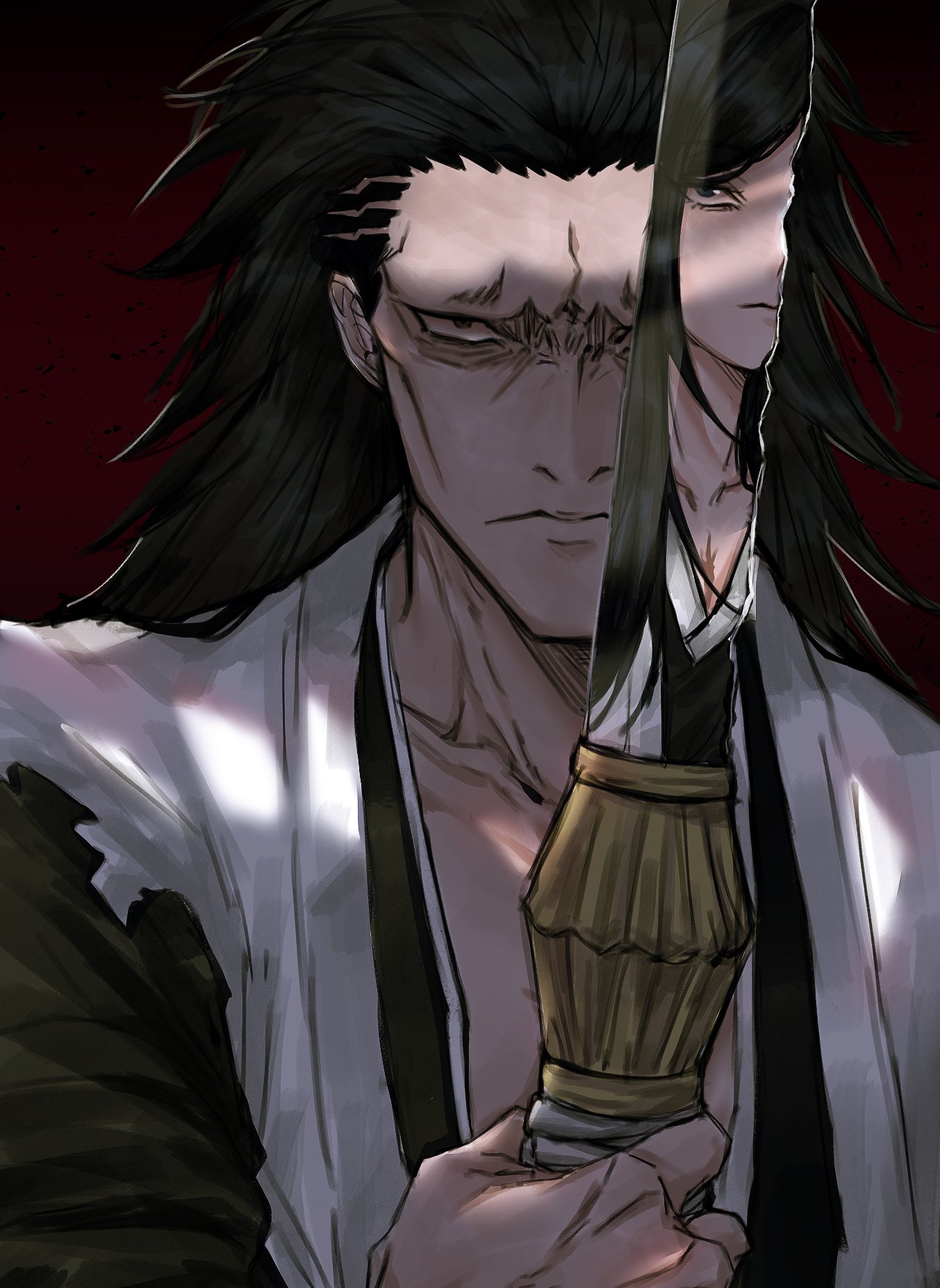 anima tion 1, unohana retsu, zaraki kenpachi, bleach, bleach: sennen kessen-hen, highres, 1boy, 1girl, collarbone, frown, haori, holding, holding sword, holding weapon, japanese clothes, long hair, red background, reflection, scar, scar on chest, serious, shihakusho, solo focus, sword, taichou haori, upper body, weapon, zanpakutou