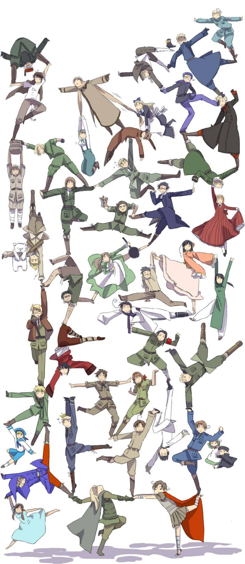 guti-guti, america (hetalia), australia (hetalia), austria (hetalia), belarus (hetalia), belgium (hetalia), canada (hetalia), chibitalia (hetalia), china (hetalia), cuba (hetalia), denmark (hetalia), egypt (hetalia), estonia (hetalia), finland (hetalia), france (hetalia), germania (hetalia), germany (hetalia), gilbird, greece (hetalia), holy roman empire (hetalia), hong kong (hetalia), hungary (hetalia), iceland (hetalia), japan (hetalia), korea (hetalia), kumajirou (hetalia), latvia (hetalia), liechtenstein (hetalia), lithuania (hetalia), northern italy (hetalia), norway (hetalia), poland (hetalia), prussia (hetalia), rome (hetalia), russia (hetalia), sealand (hetalia), seychelles (hetalia), southern italy (hetalia), spain (hetalia), sweden (hetalia), switzerland (hetalia), taiwan (hetalia), thailand (hetalia), turkey (hetalia), ukraine (hetalia), united kingdom (hetalia), vietnam (hetalia), axis powers hetalia, cross-laced footwear, white legwear, highres, long image, tall image, 6+boys, 6+girls, aged down, ahoge, animal, ao dai, apron, armband, armor, arms up, ascot, balancing, bandages, barefoot, basket, belt, beret, bird, black eyes, blonde hair, boots, bow, bowtie, brother and sister, brothers, brown hair, burger, cape, cat, chibi, child, chinese clothes, clothes lift, crossdressing, dress, everyone, flower, food, garrison cap, german text, glasses, gloves, grey hair, hair bow, hair flower, hair ornament, hair ribbon, hairband, hanbok, happy, hat, keffiyeh, koala, korean clothes, long hair, looking up, mask, military, military uniform, mole, multiple boys, multiple girls, necktie, open mouth, outstretched arms, pants, pantyhose, puffin, ribbon, sailor collar, sandals, scarf, short hair, shorts, siblings, sisters, skirt, skirt lift, sleeves rolled up, sparkle, standing, standing on one leg, thick eyebrows, time paradox, twintails, upside-down