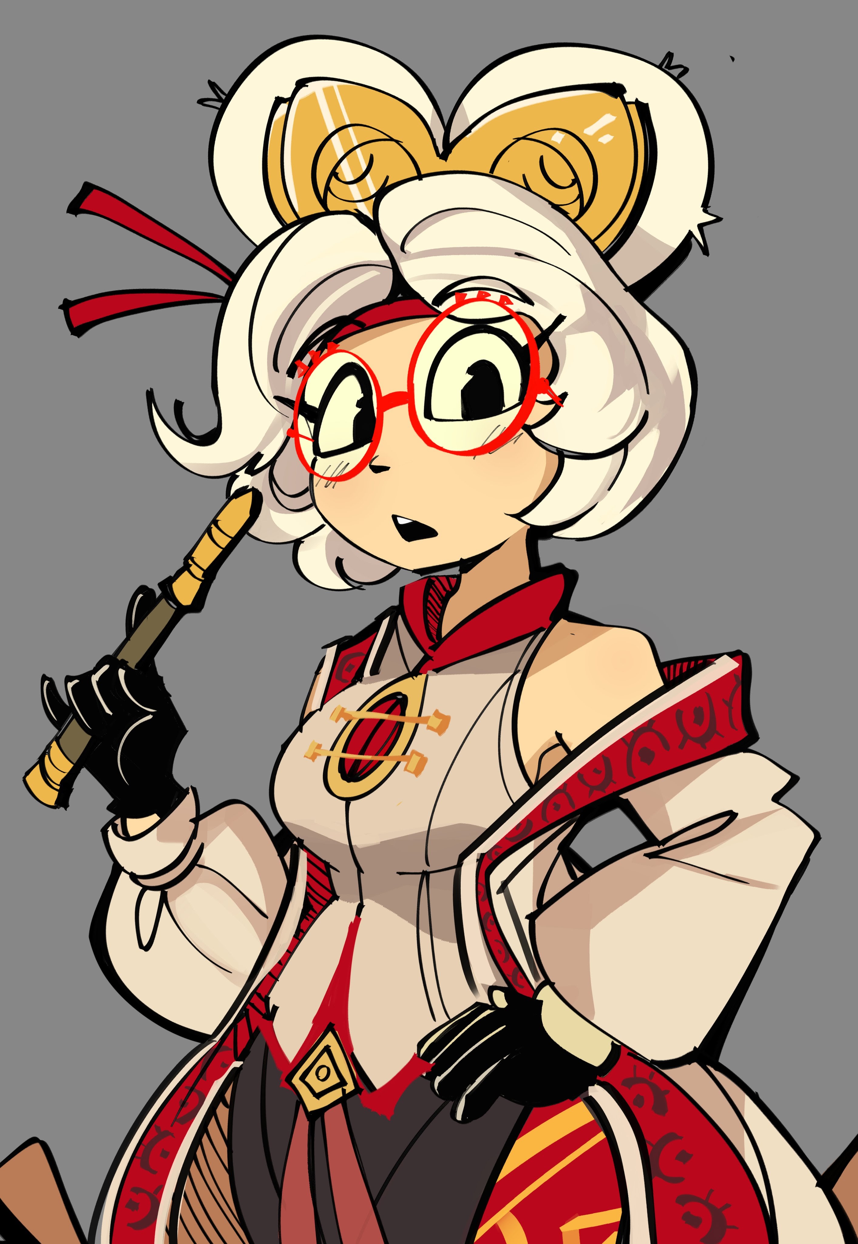 peargor, purah, absurdres, highres, 1girl, 2025, black gloves, blush, breasts, glasses, gloves, grey background, looking at viewer, medium breasts, red-framed eyewear, solo, white hair