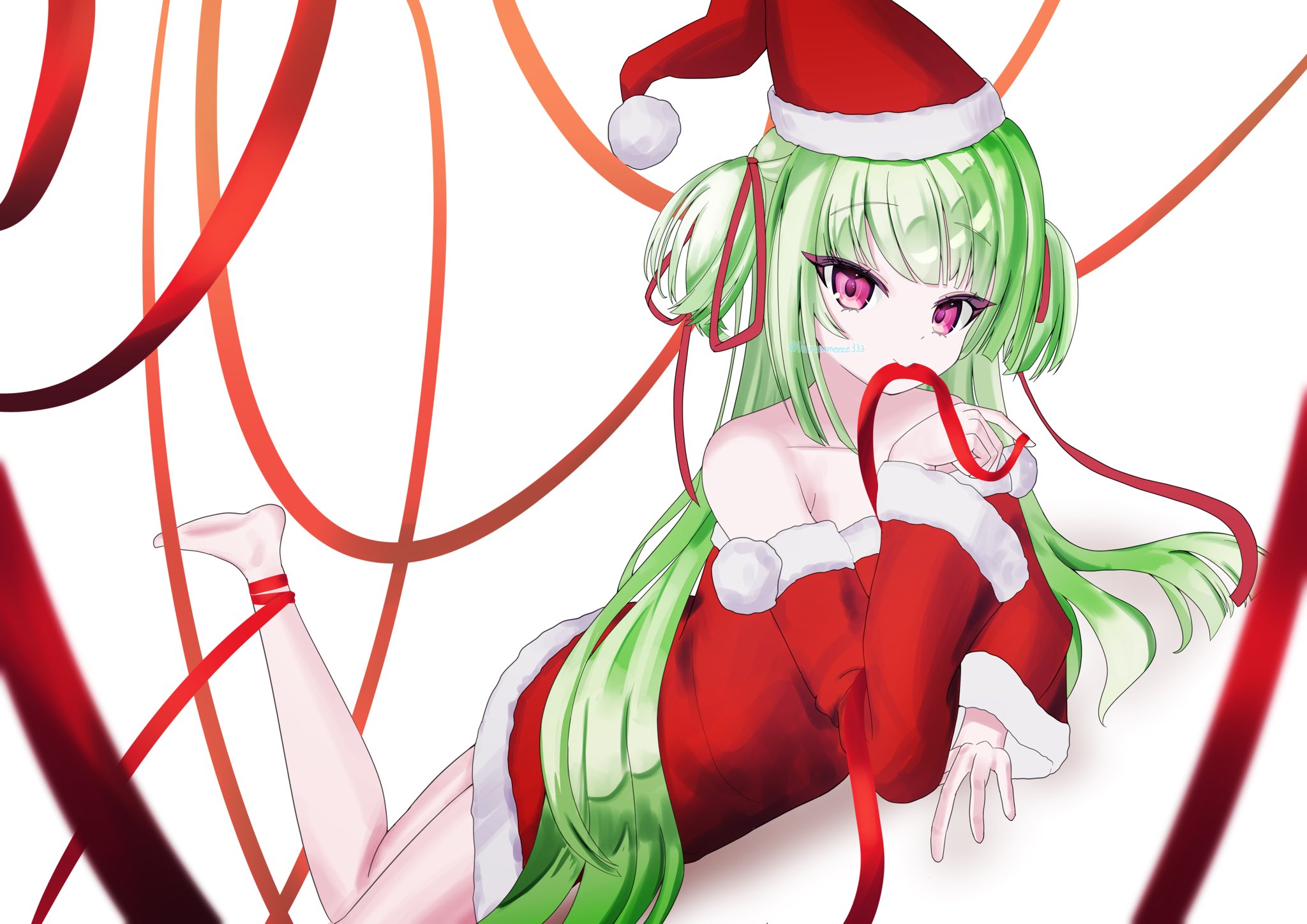 murasame (senren), senren banka, commentary, highres, 1girl, alternate costume, bare shoulders, barefoot, blunt bangs, blunt ends, christmas, closed mouth, collarbone, dress, dutch angle, foot out of frame, fur-trimmed dress, fur-trimmed headwear, fur-trimmed sleeves, fur trim, green hair, hair ribbon, hair spread out, hand up, hat, hime cut, kurumeeee333, leg up, long hair, long ribbon, long sleeves, looking at viewer, lying, mouth hold, on stomach, pom pom (clothes), red dress, red eyes, red hat, red ribbon, ribbon, ribbon in mouth, santa costume, santa dress, santa hat, short dress, sidelocks, simple background, smile, solo, string, string of fate, the pose, tsurime, twitter username, two side up, very long hair, white background, wide sleeves