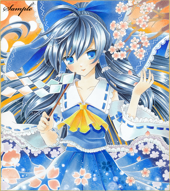 ayuayu (chisuke ayu), hakurei reimu, phantasmagoria of flower view, touhou, bad id, bad pixiv id, 1girl, alternate color, black hair, blue eyes, bow, cherry blossoms, detached sleeves, female focus, flower, gohei, hair bow, plant, player 2, sample watermark, skirt, solo, watermark