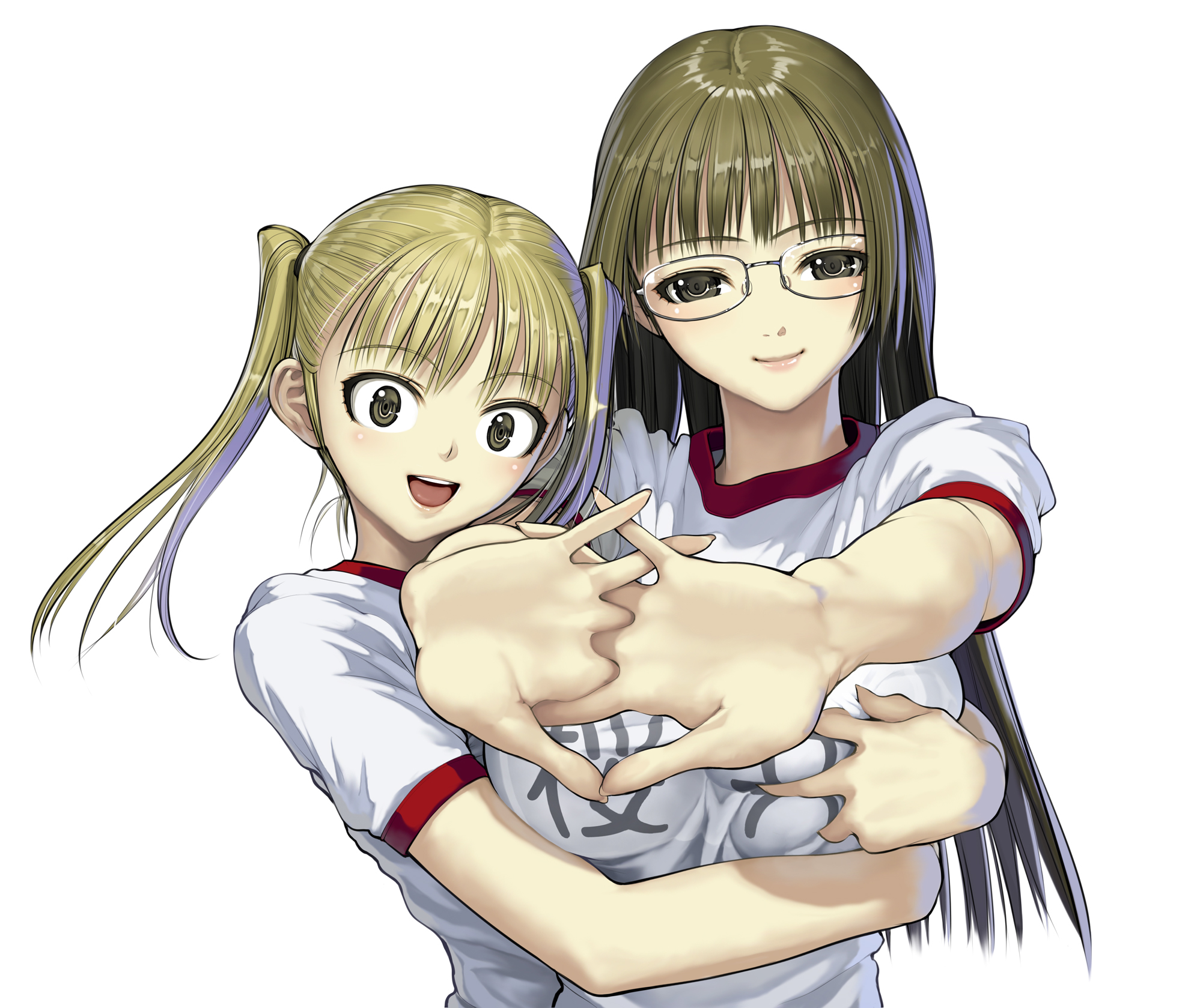 nakabayashi reimei, original, bad id, bad pixiv id, highres, 2girls, blonde hair, breasts, deep skin, grabbing another's breast, green eyes, green hair, groping, gym uniform, hug, long hair, medium breasts, multiple girls, open mouth, own hands clasped, own hands together, short hair, simple background, smile, stretching, twintails, upper body, wide-eyed, yuri