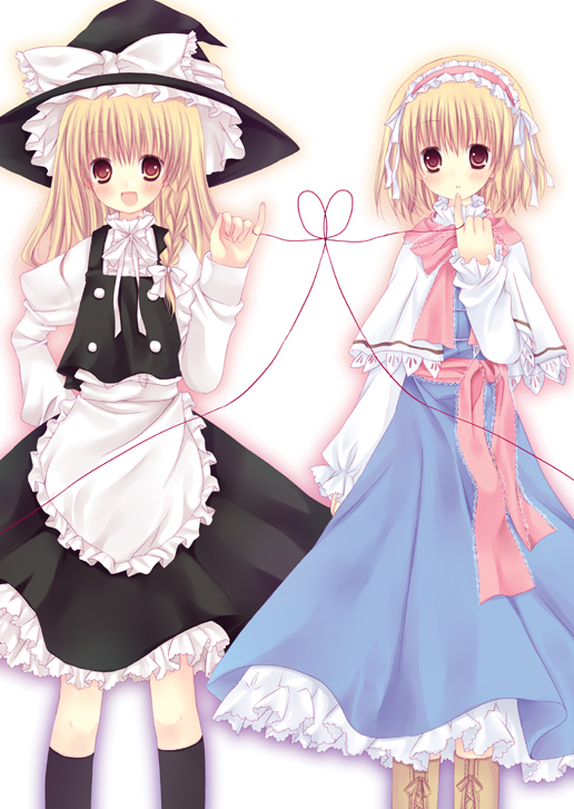 mizuse ruka, alice margatroid, kirisame marisa, touhou, bad id, bad pixiv id, 2girls, blonde hair, braid, brown eyes, dress, female focus, gradient background, hat, heart, multiple girls, skirt, string, string of fate, white background