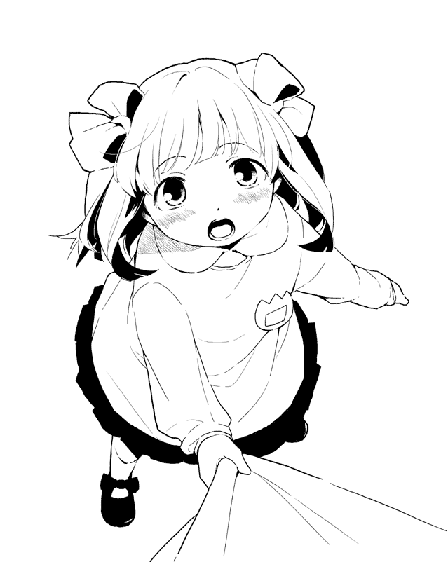 nogoodlife, amami haruka, idolmaster, idolmaster (classic), 1girl, aged down, blush, child, clothes grab, clothes pull, clothing clutch, female focus, from above, greyscale, kindergarten, kindergarten uniform, looking at viewer, monochrome, name tag, open mouth, pov, pull, ribbon, shirt pull, short hair, simple background, solo, white background