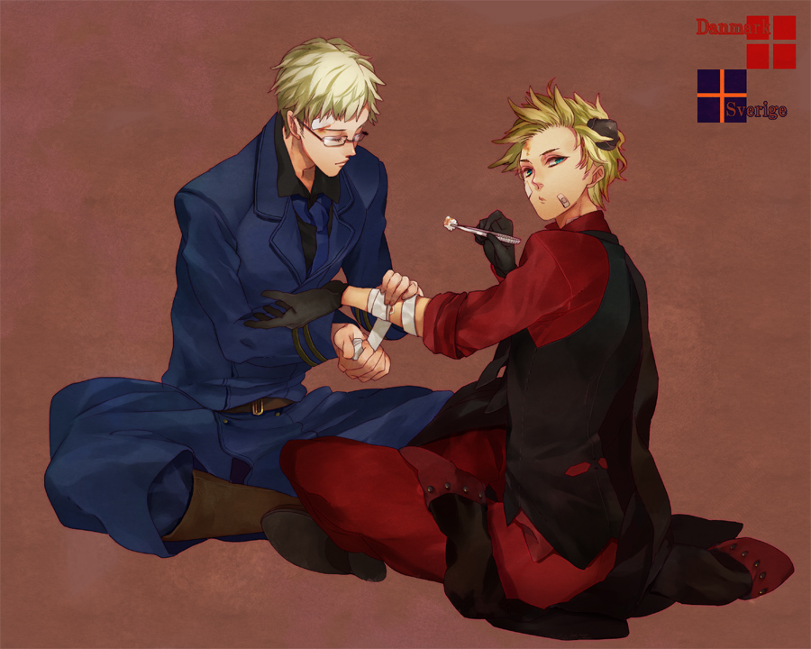 denmark (hetalia), sweden (hetalia), axis powers hetalia, bandages, bandaid, blonde hair, blood, bruise, glasses, green eyes, injury, looking at viewer, male focus, short hair, simple background