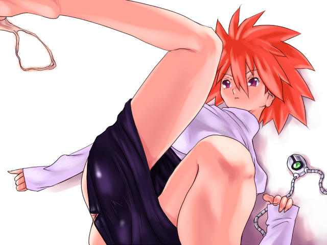 otsukare, brigette (pokemon), nintendo, pokemon, 1girl, ass, black skirt, jewelry, lying, necklace, no panties, on back, orange hair, panties, purple eyes, red eyes, skirt, underwear