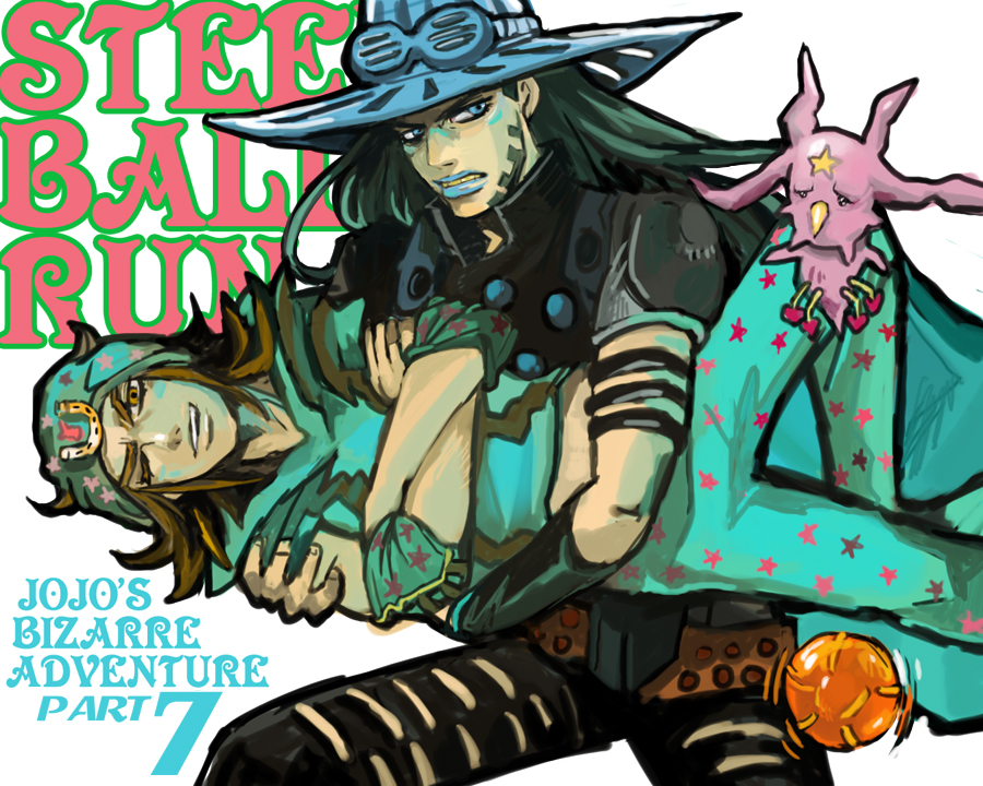 bonocho, gyro zeppeli, johnny joestar, tusk (stand), tusk act1, jojo no kimyou na bouken, steel ball run, 2boys, ball, beard, belt, blonde hair, blue eyes, carrying, crossed arms, elbow pads, english text, facial hair, green hair, hat, lipstick, long hair, makeup, male focus, multiple boys, stand (jojo), star (symbol), yellow eyes