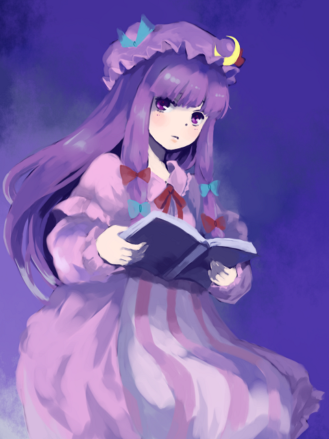 hko, patchouli knowledge, touhou, 1girl, blunt bangs, book, crescent moon, female focus, gradient background, hair ribbon, hat, long hair, moon, open book, purple eyes, purple hair, purple theme, reading, ribbon, solo